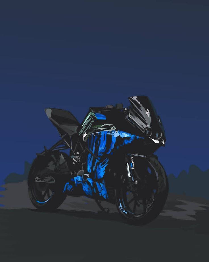 KTM RC 200 桌布 壁紙 — 一架流線型藍黑運動機車在深暮色天空和剪影山丘前矗立。