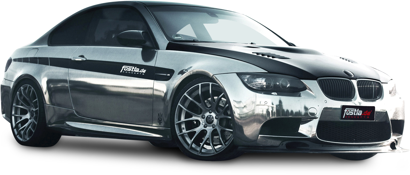 BMW 動圖 桌布 壁紙 — 一架流線型銀色BMW M3雙門跑車，帶有黑色賽車條紋和定制輪圈，孤立地矗立在純黑色背景上。