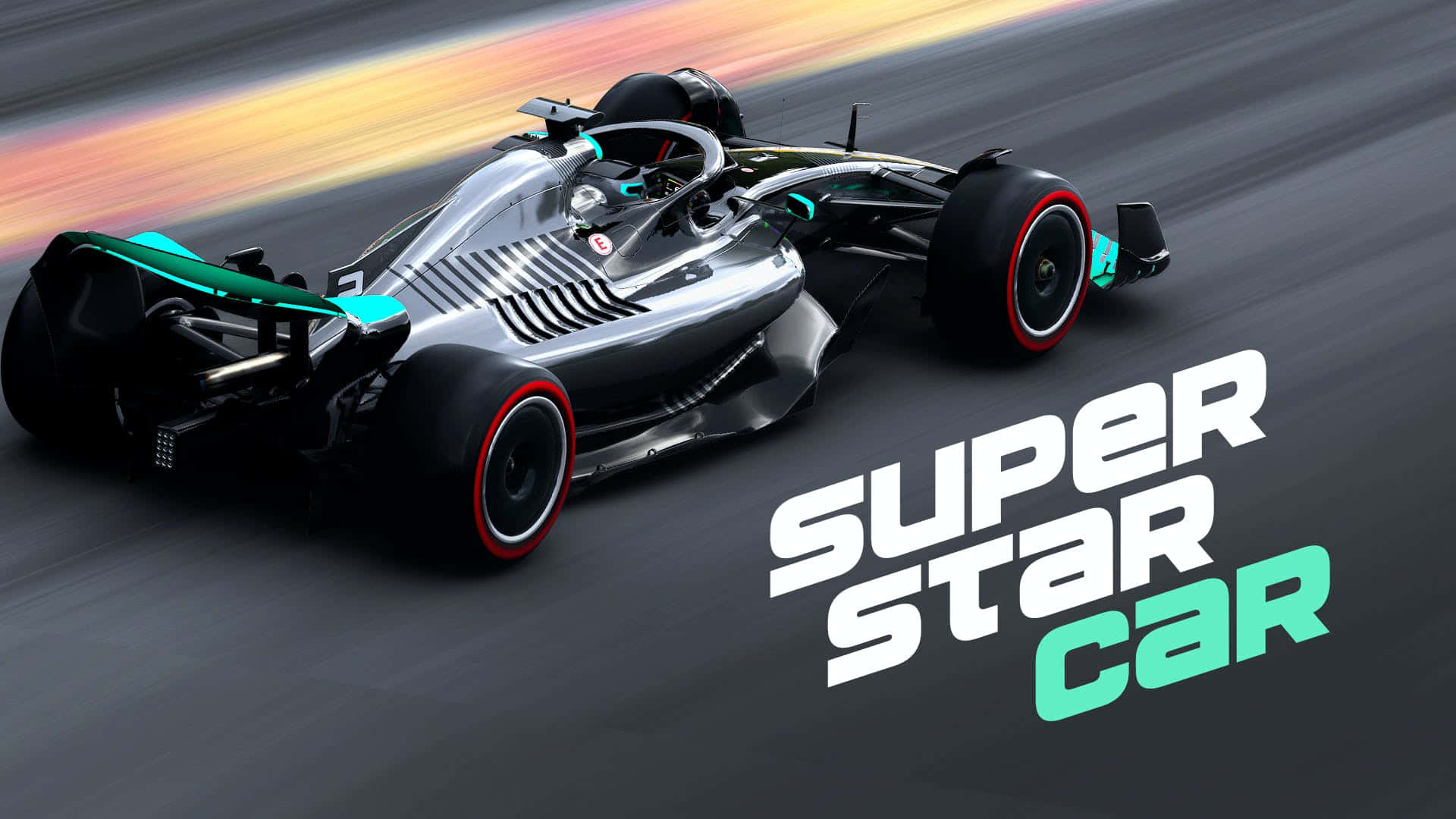 Online Gaming 桌布 壁紙 — 一架流線型銀色和藍綠色一級方程式賽車在賽道上高速飛馳，帶有動態模糊和日落色調。