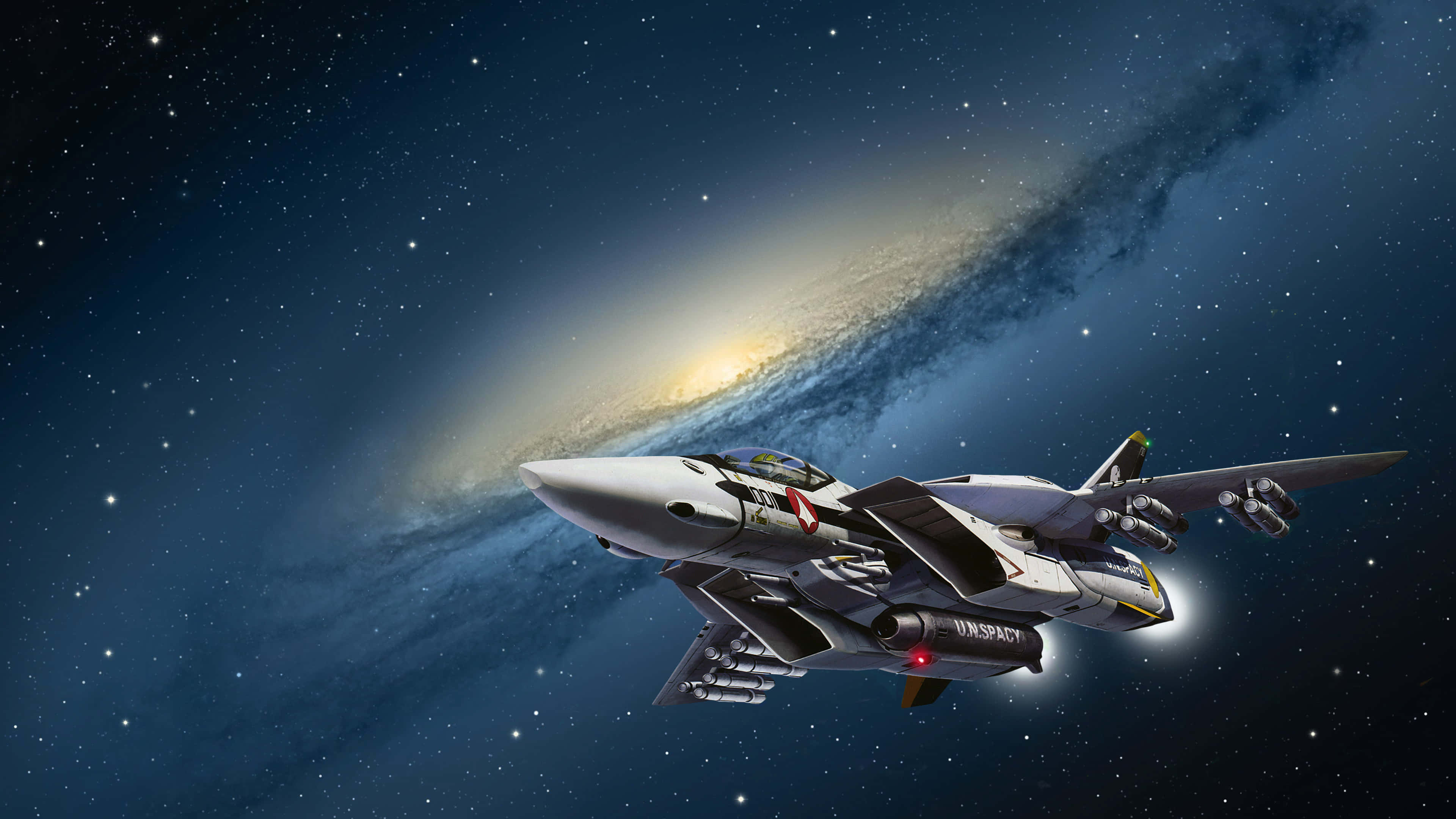 robotech 桌布 壁紙 — 一架流線型銀色戰鬥機在繁星點點的太空翱翔，背後有一條發光的螺旋星系拱起。