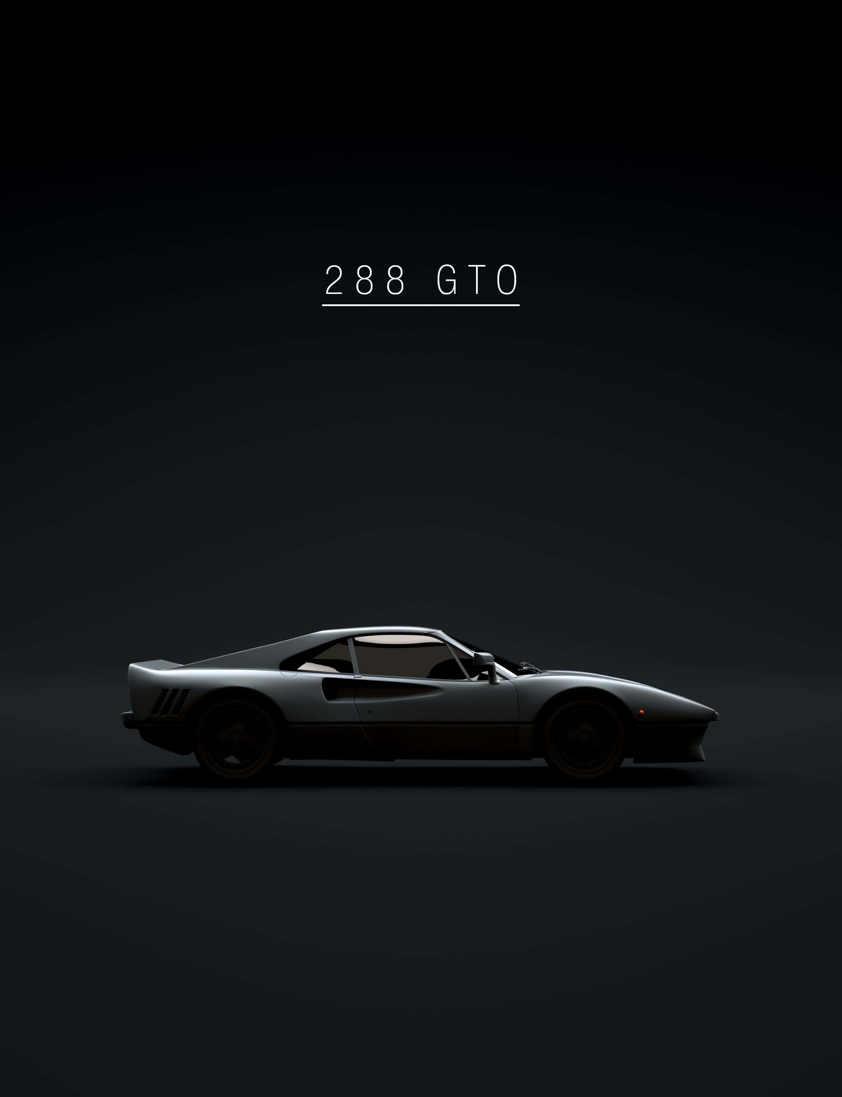 Minimalist Car 桌布 壁紙 — 一架流線型銀色法拉利 288 GTO 的剪影在漸變黑色工作室背景上微微發光，搭配簡約文字。