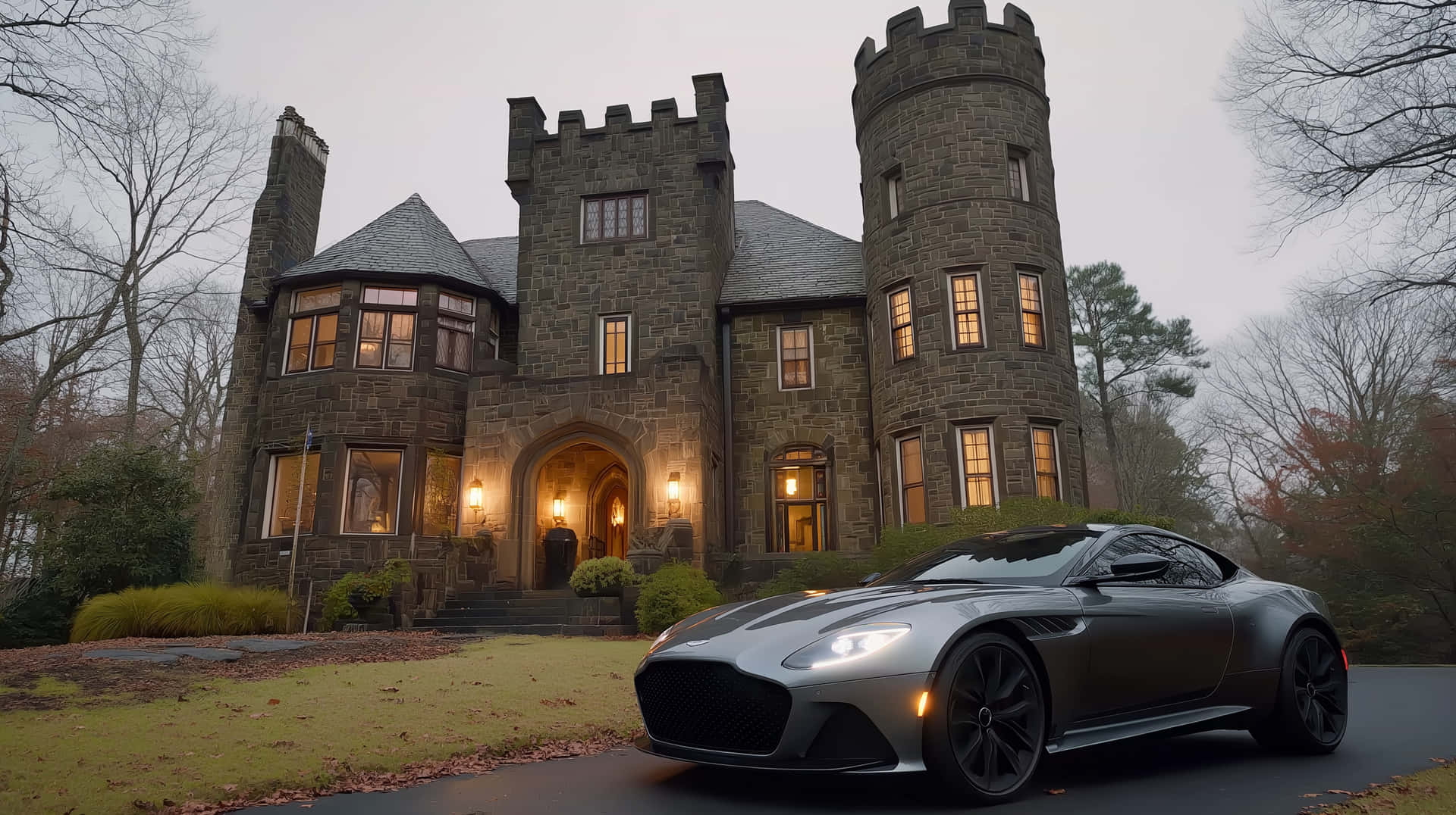 Historic Stone Estate with Modern Performance Automobile 壁紙 — 一架流線型銀色跑車停泊在宏偉的石城堡前，城堡窗戶亮著燈，樹木光禿，正值黃昏。