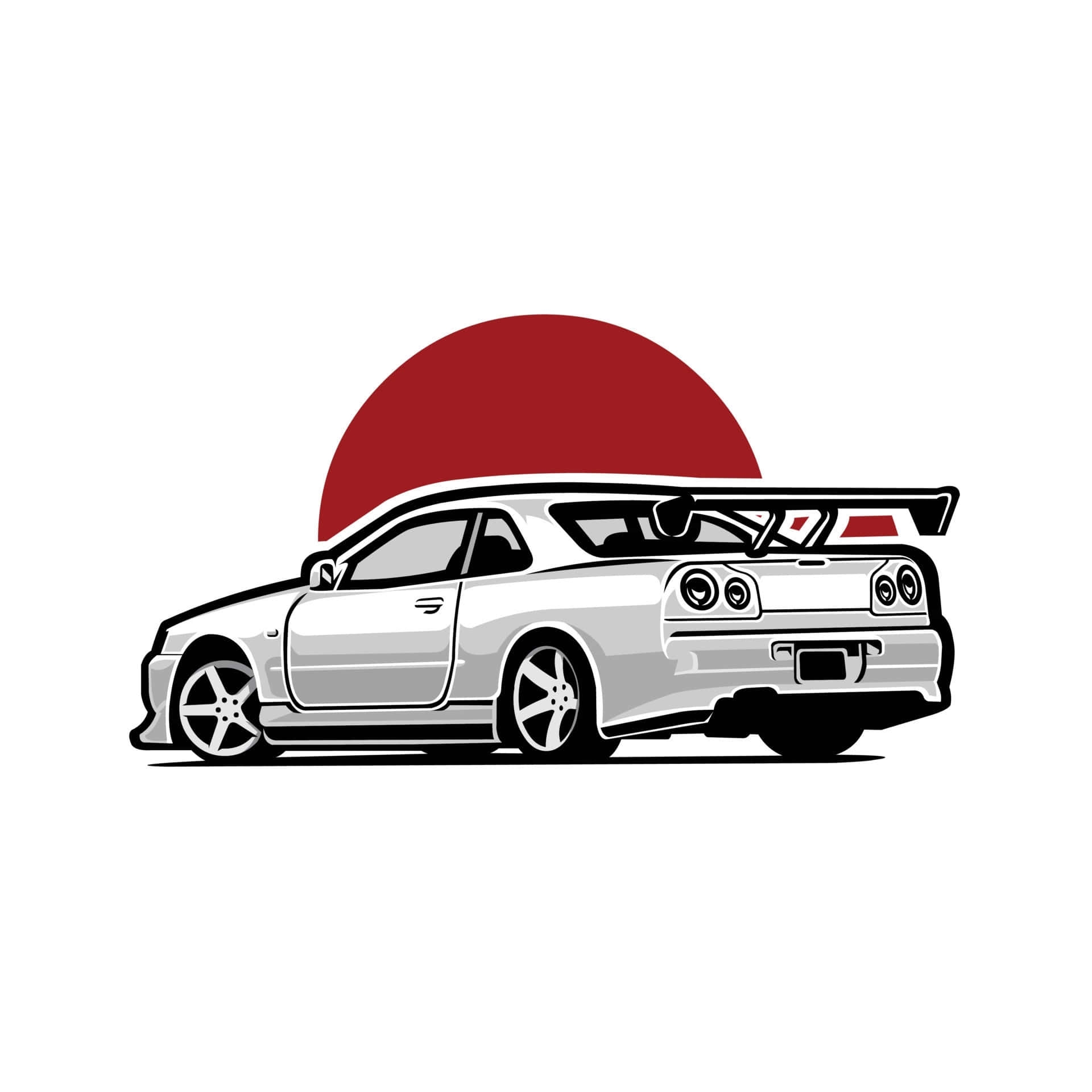 JDM 桌布 壁紙 — 一架流線型銀色跑車配備大型後翼，以側面輪廓展示在鮮豔的紅色太陽前。