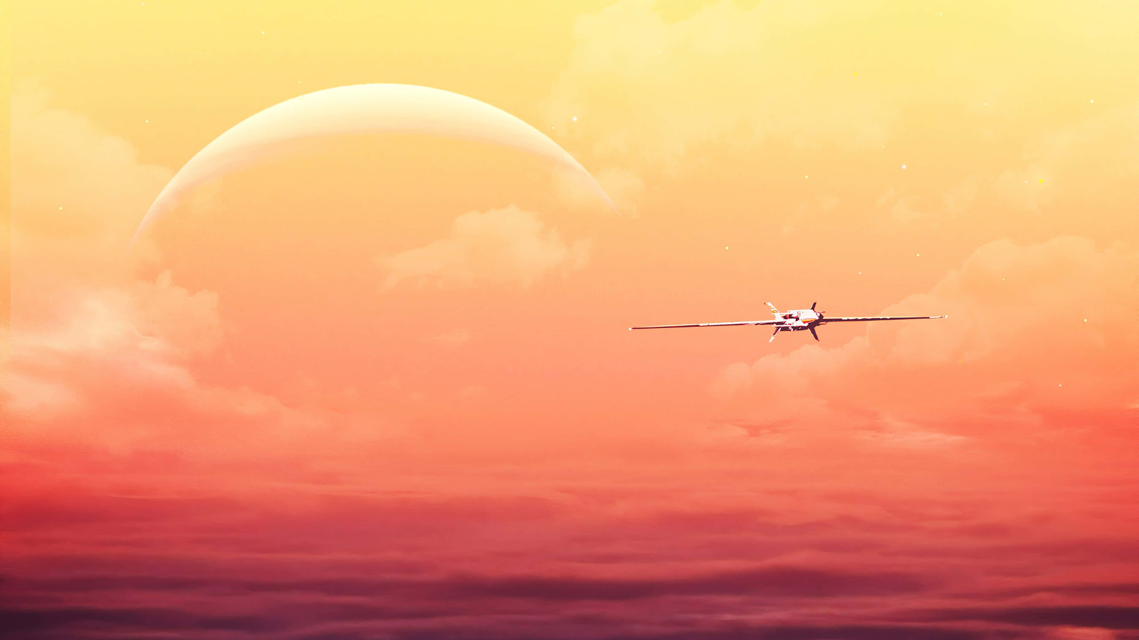flying 桌布 壁紙 — 一架流線型飛機在充滿活力的日落天空中翱翔，遠處有一個巨大的發光行星。