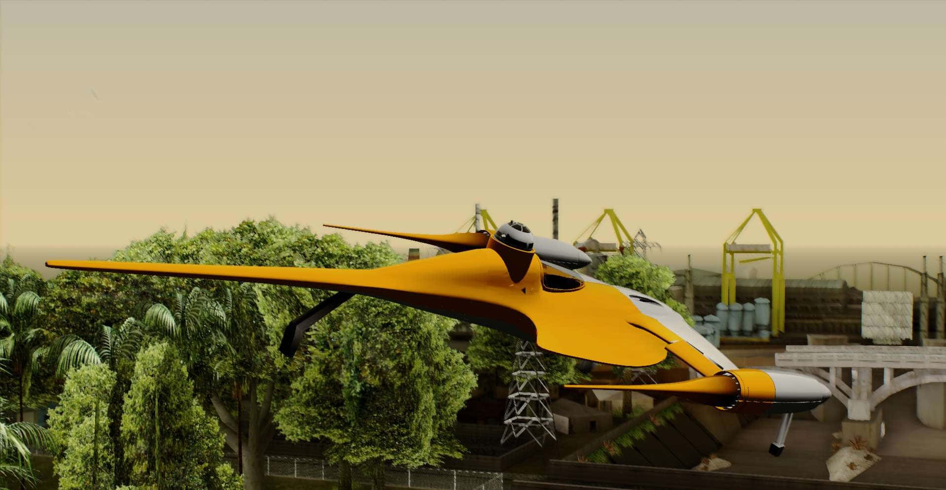 Naboo 桌布 壁紙 — 一架流線型黃色未來飛行汽車在朦朧天空下，懸浮於工業建築附近茂密的綠樹之上。