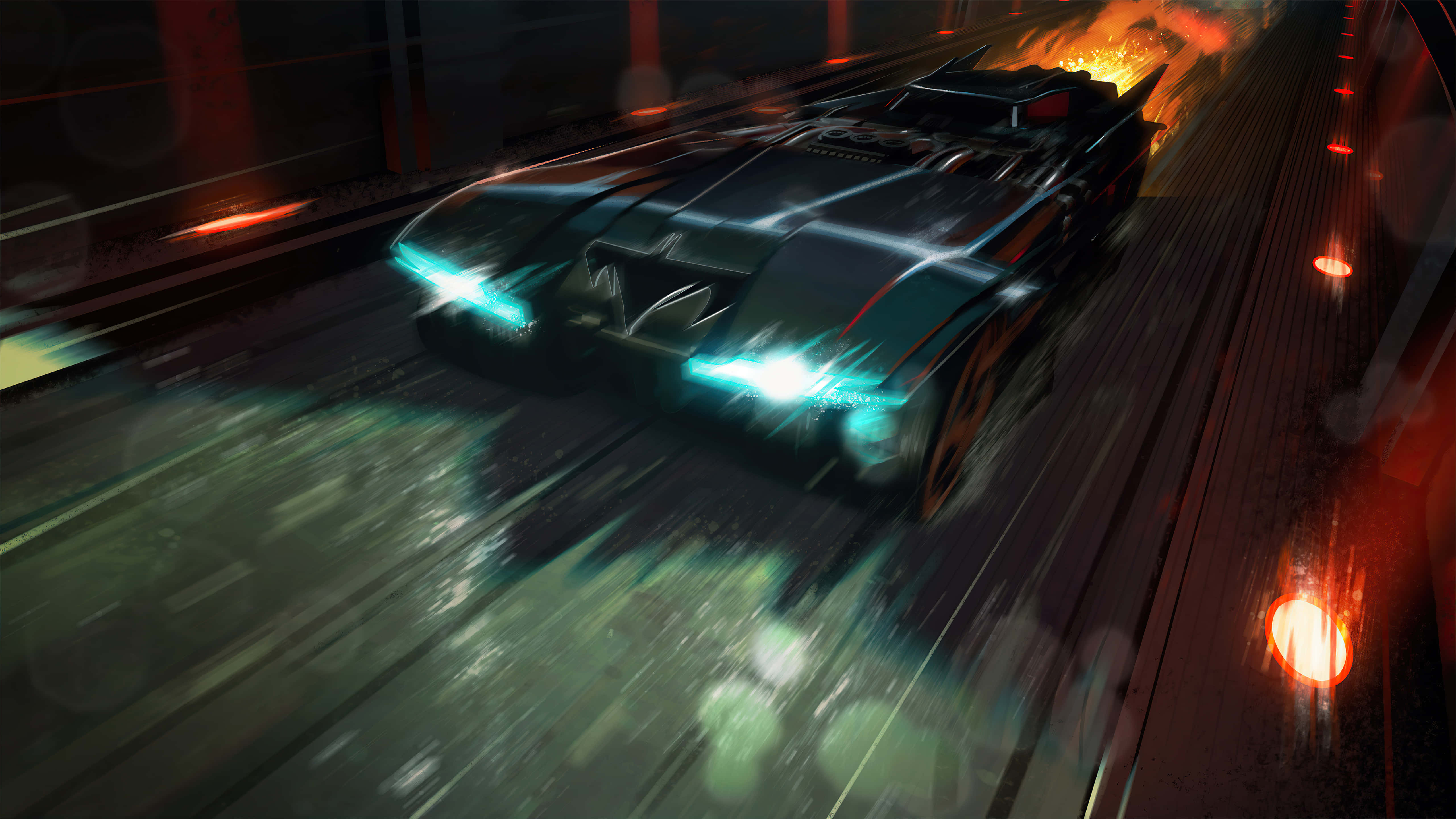 4K Batmobile 桌布 壁紙 — 一架流線型黑色蝙蝠車在濕滑的霓虹燈隧道中疾馳，藍色車頭燈劃破動態模糊。