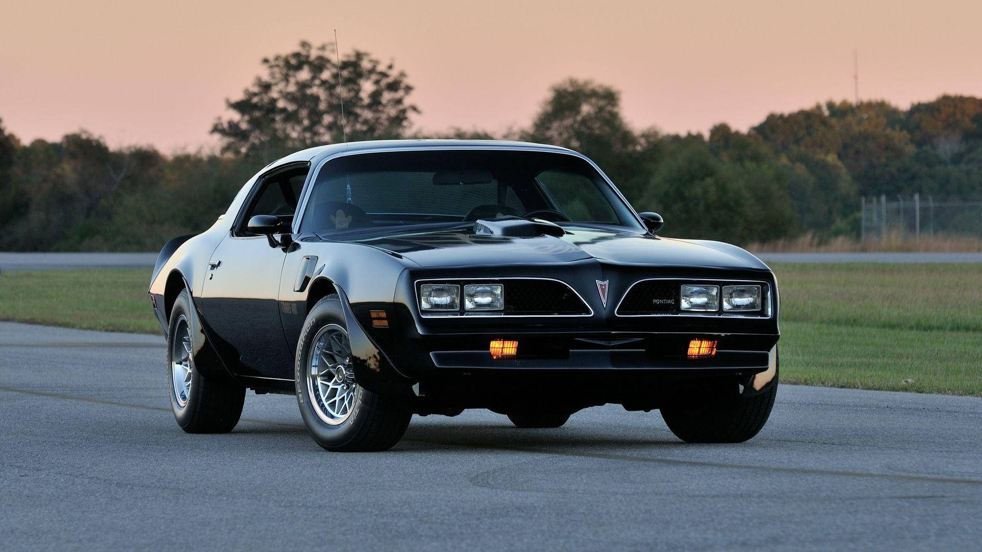 Pontiac 桌布 壁紙 — 一架流線型黑色龐蒂亞克火鳥肌肉車在日落時分沿著柏油路行駛，背景是溫暖的橙色天空和綠色樹木。