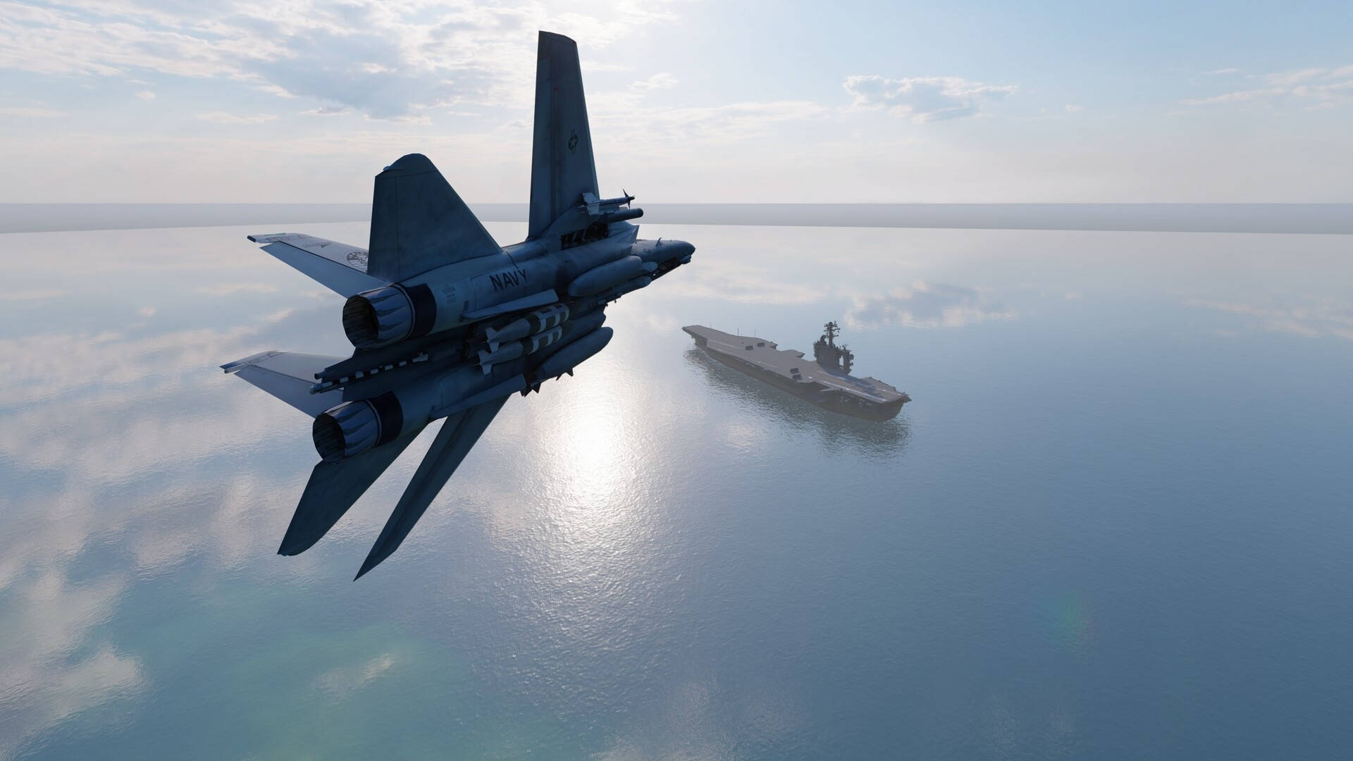 Jets 桌布 壁紙 — 一架海軍戰鬥機在平靜的海面上翱翔，遠處有一艘大型航空母艦在部分多雲的天空下可見。