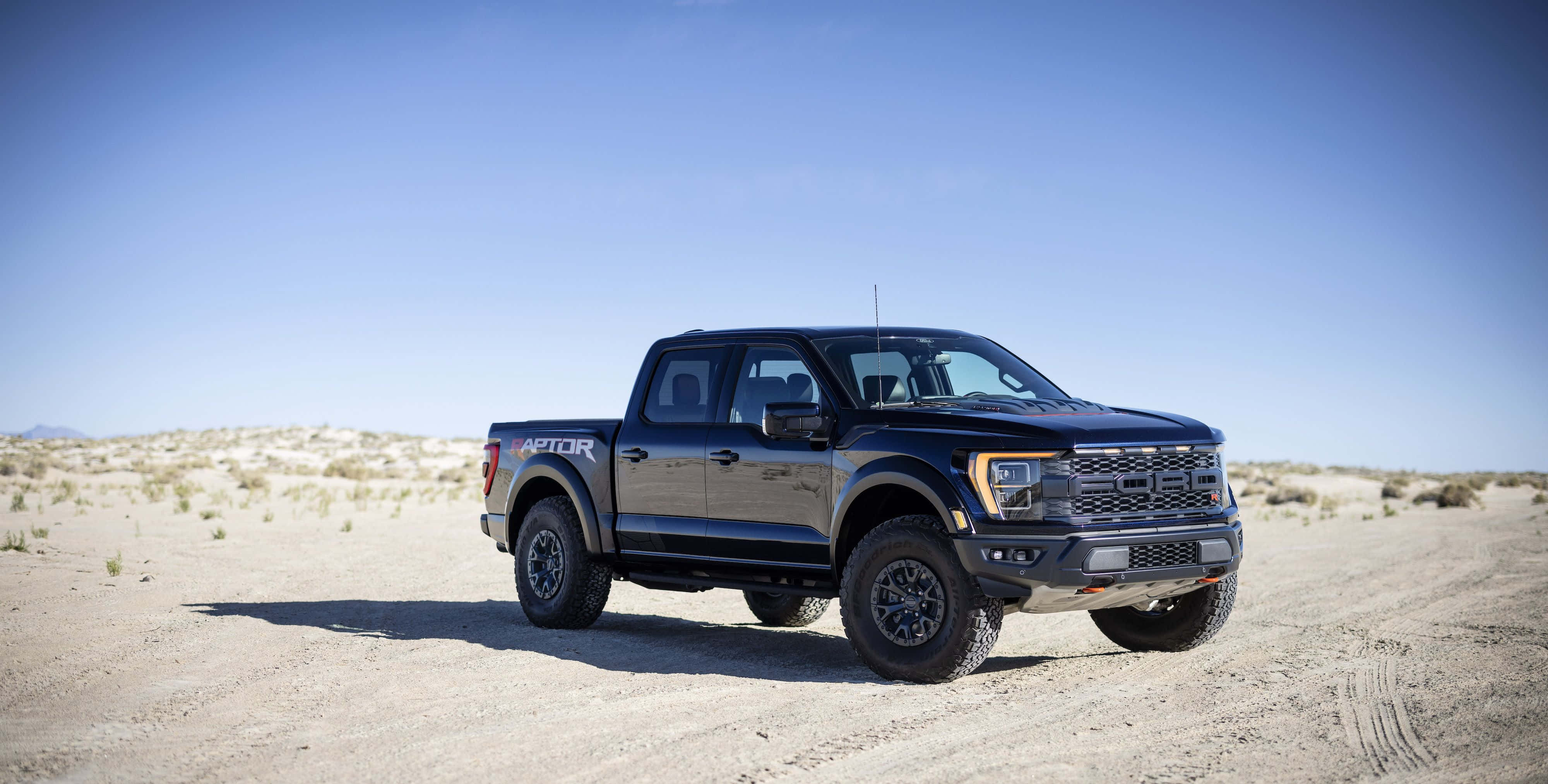 Trucks 桌布 壁紙 — 一架消光黑色的福特F-150 Raptor在廣闊清澈的藍天下，佇立在陽光炙烤的沙漠小徑上。