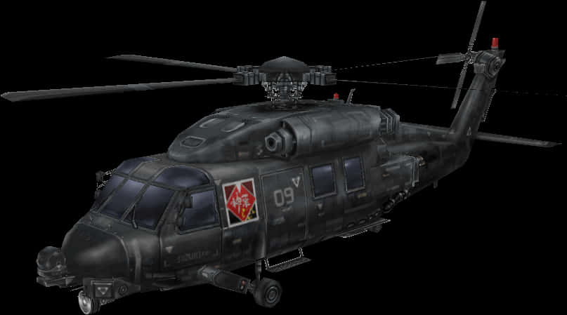 Aircraft 桌布 壁紙 — 一架深灰色軍用直升機，側面有紅色和白色標記及數字09，背景為黑色。