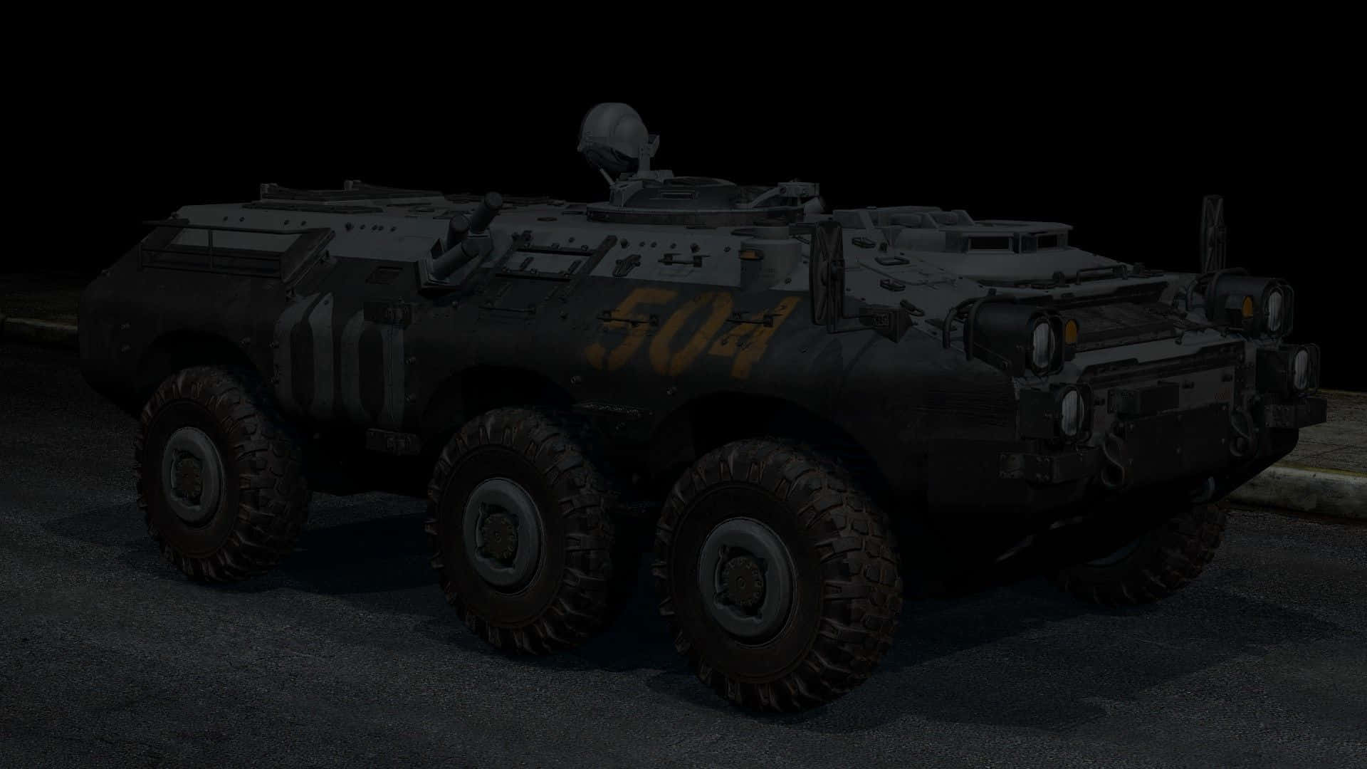 Call Of Duty Vehicles 桌布 壁紙 — 一架深色裝甲軍用車輛，車上黃色油漆標有504號碼，在夜間昏暗燈光下停泊。