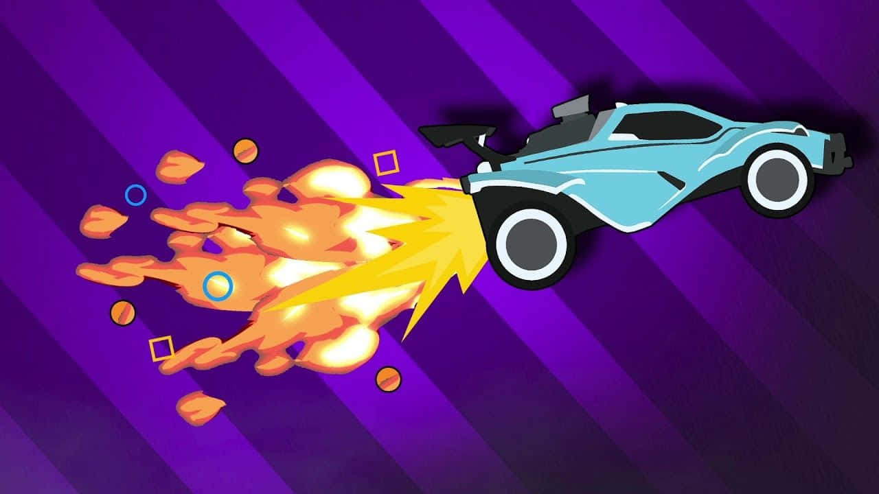 Best Rocket League 桌布 壁紙 — 一架淺藍色卡通賽車在紫色條紋背景上噴射著火橙色排氣向前衝刺。