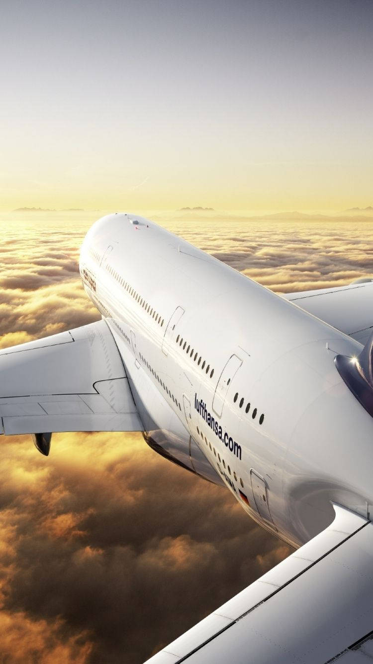 雲朵 桌布 壁紙 — 一架漢莎航空飛機在日出時翱翔於金色雲層之上，溫暖的光線照射在其白色機身上。