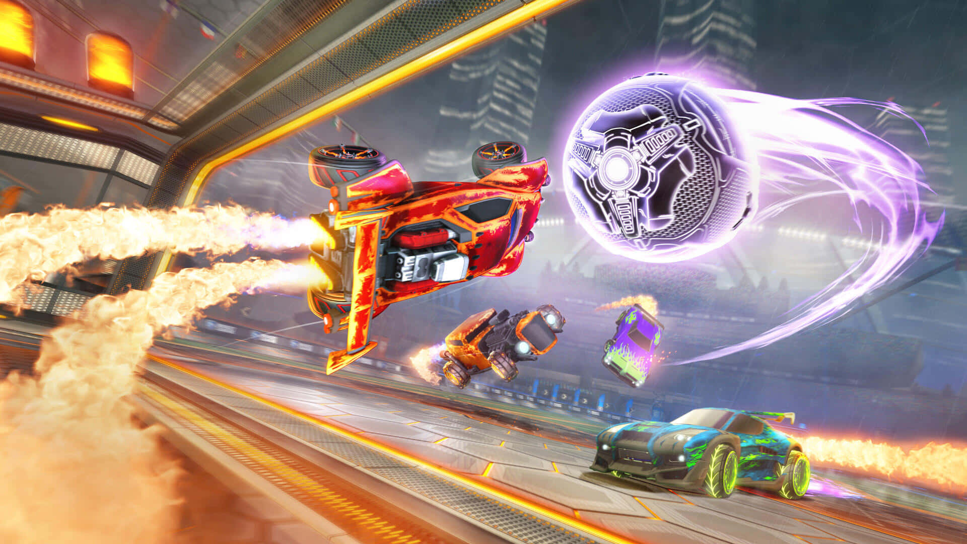 1080p Rocket League 桌布 壁紙 — 一架火焰噴射的火箭動力車在未來賽車場中空中翻轉，周圍有發光球體和火焰爆炸。