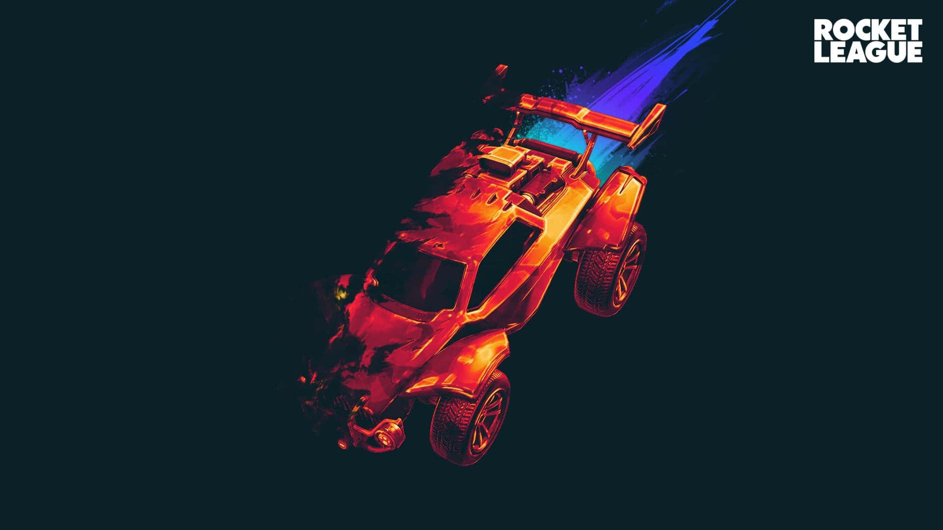 火箭聯盟 桌布 壁紙 — 一架火熱橙色的火箭動力汽車在黑暗太空中翱翔，身後留下一道發光的藍色軌跡。