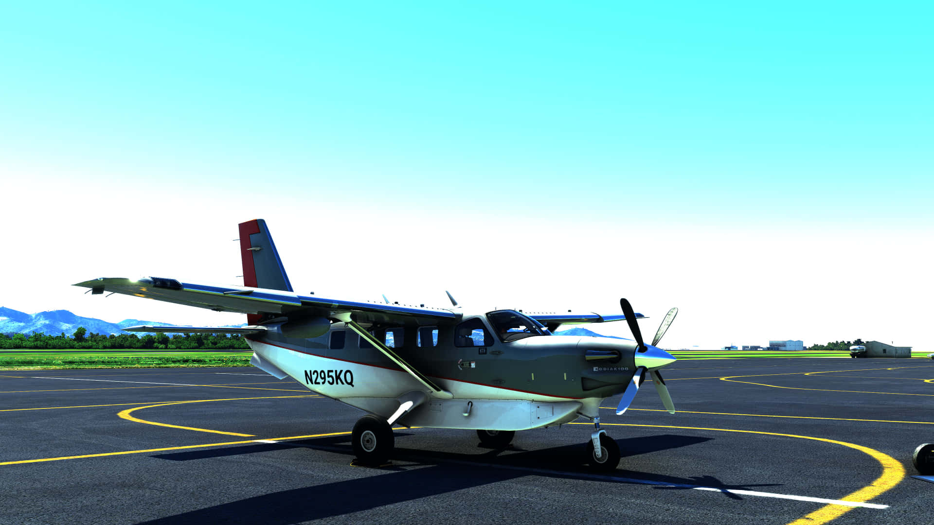 1920x1080 Microsoft Flight Simulator 桌布 壁紙 — 一架灰色和白色的水上飛機，註冊編號N295KQ，停在停機坪上，背景是晴朗的藍天和遠處的山脈。