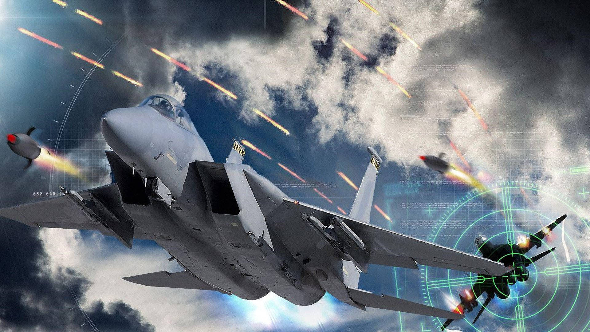 戰鬥機在空中戰鬥中，帶有導彈和瞄準HUD疊加層。 — 捍衛戰士：獨行俠 壁紙