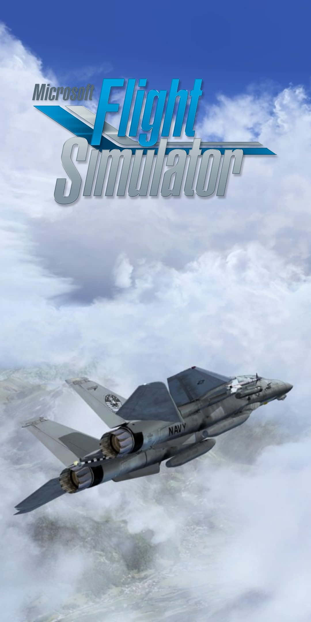 Pixel 3 Microsoft Flight Simulator 桌布 壁紙 — 一架灰色海軍戰鬥機在明亮的藍天背景下翱翔於蓬鬆的白雲之上，並帶有「Microsoft Flight Simulator」標誌。