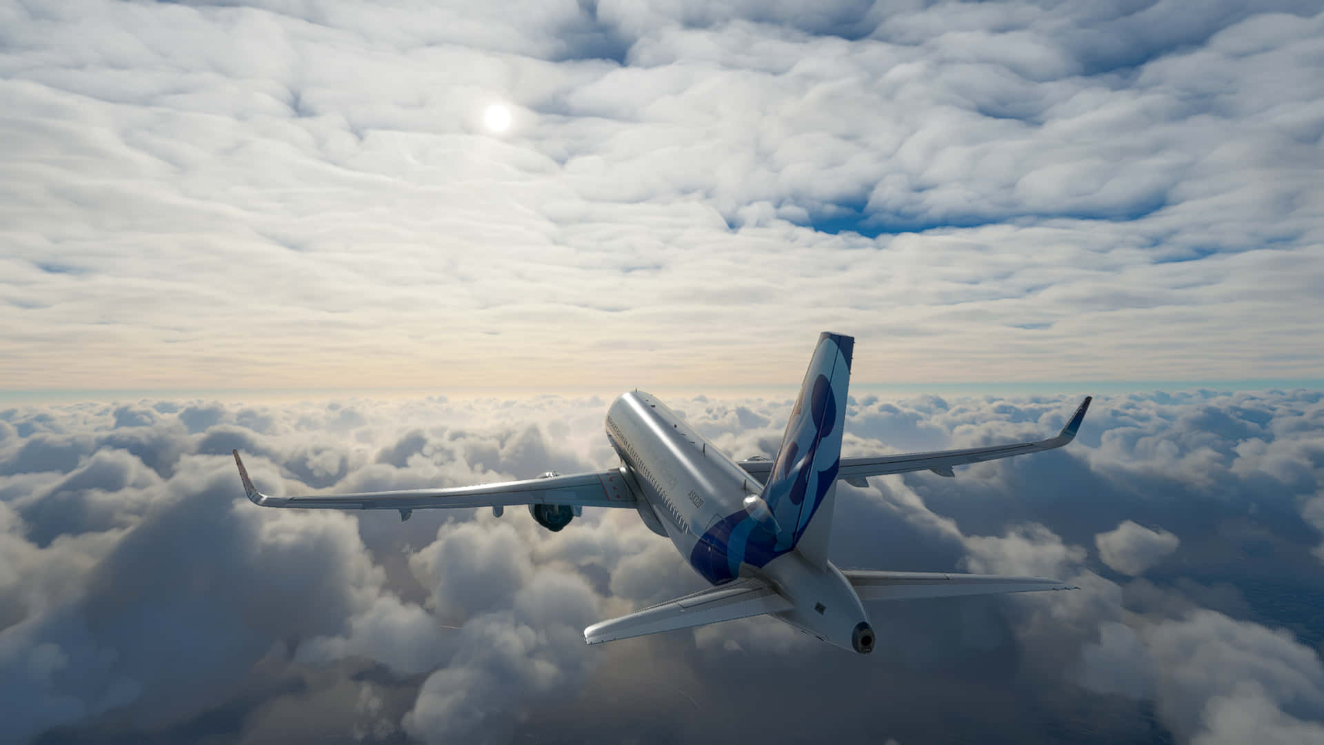 1080p Microsoft Flight Simulator 桌布 壁紙 — 一架現代客機在無盡的蓬鬆白雲之上翱翔，頭頂陽光明媚。