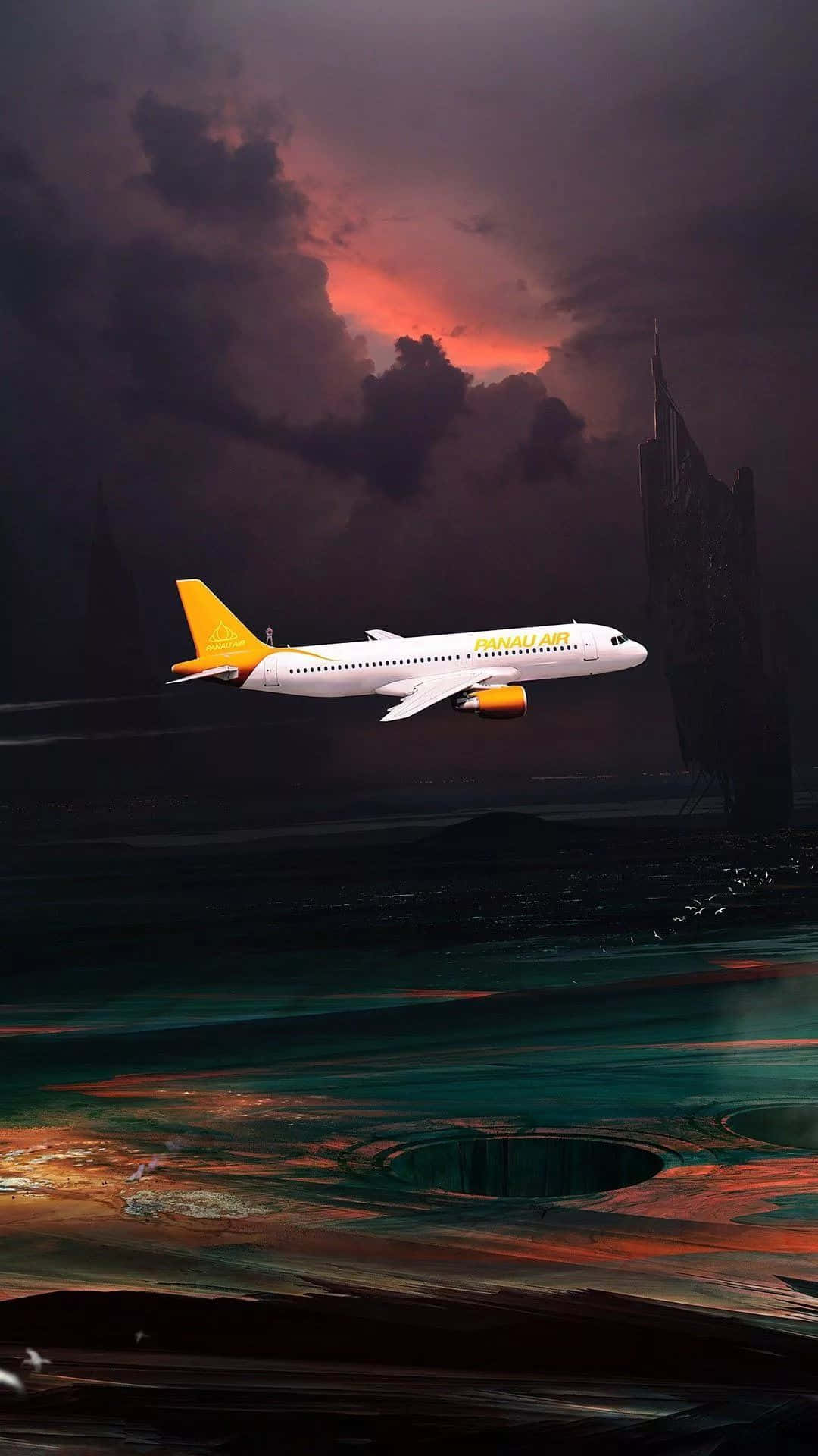 桌布 壁紙 — 一架瑞安航空飛機在熾熱的日落天空下，低飛越過超現實的外星景觀。