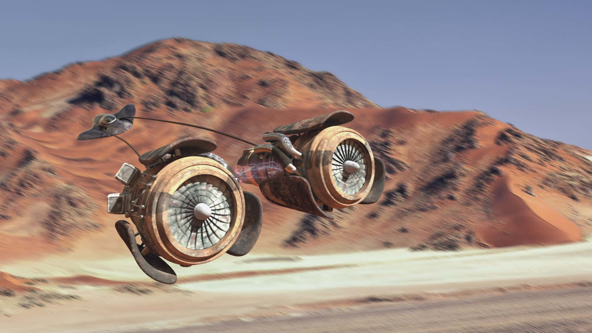 Podracing 桌布 壁紙 — 一架生鏽的未來摩托車在晴朗藍天下，懸浮於有紅色沙丘和岩石山丘的沙漠之上。