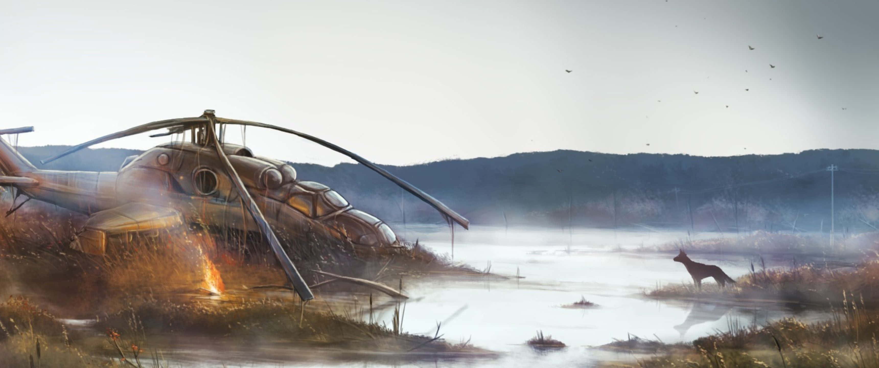 3440x1440p Helicopters 桌布 壁紙 — 一架生鏽的直升機停泊在霧氣瀰漫的湖邊，一隻孤獨的狐狸在黎明時分從岸邊觀望。