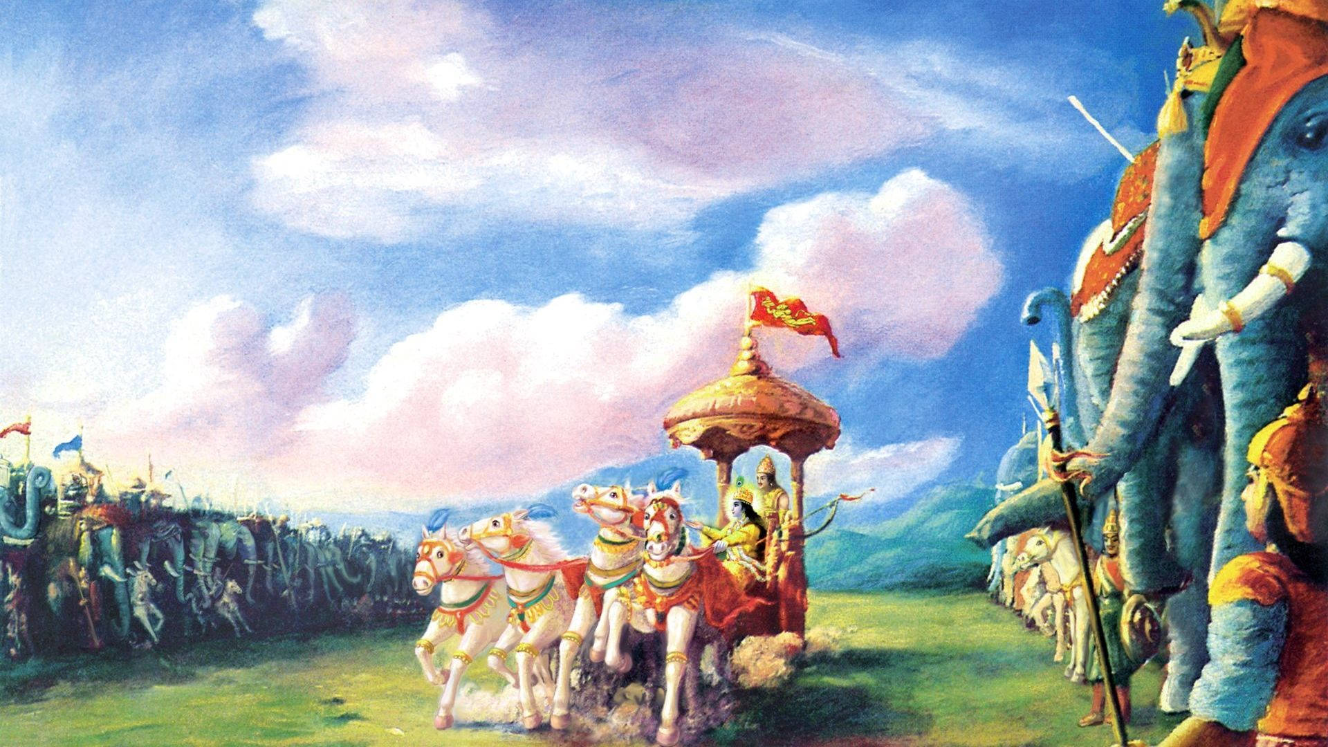 Indian 桌布 壁紙 — 一架由四匹白馬拉動的雄偉皇家戰車，在晴朗藍天和 fluffy 雲朵下，奔馳過 vibrant 綠色田野。