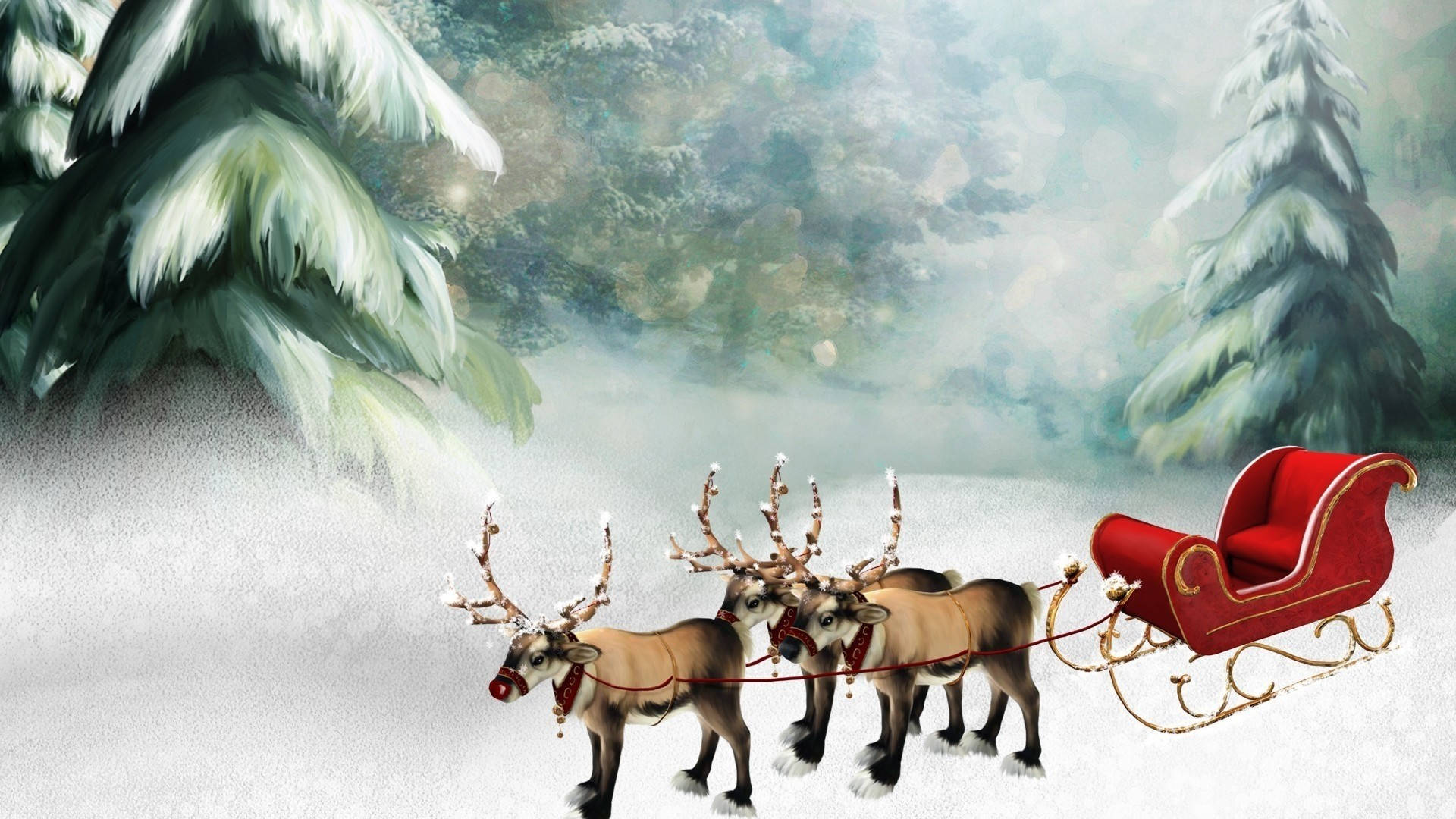 馴鹿 桌布 壁紙 — 一架由四隻發光鹿角馴鹿拉動的紅色雪橇，滑過一片白雪覆蓋的松樹林。