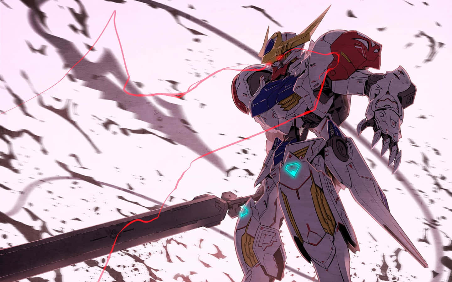 Gundam Desktop 桌布 壁紙 — 一架白色、紅色和藍色的機甲，帶有發光的青色點綴，在破碎的粉紅色和灰色戰場上揮舞著劍。