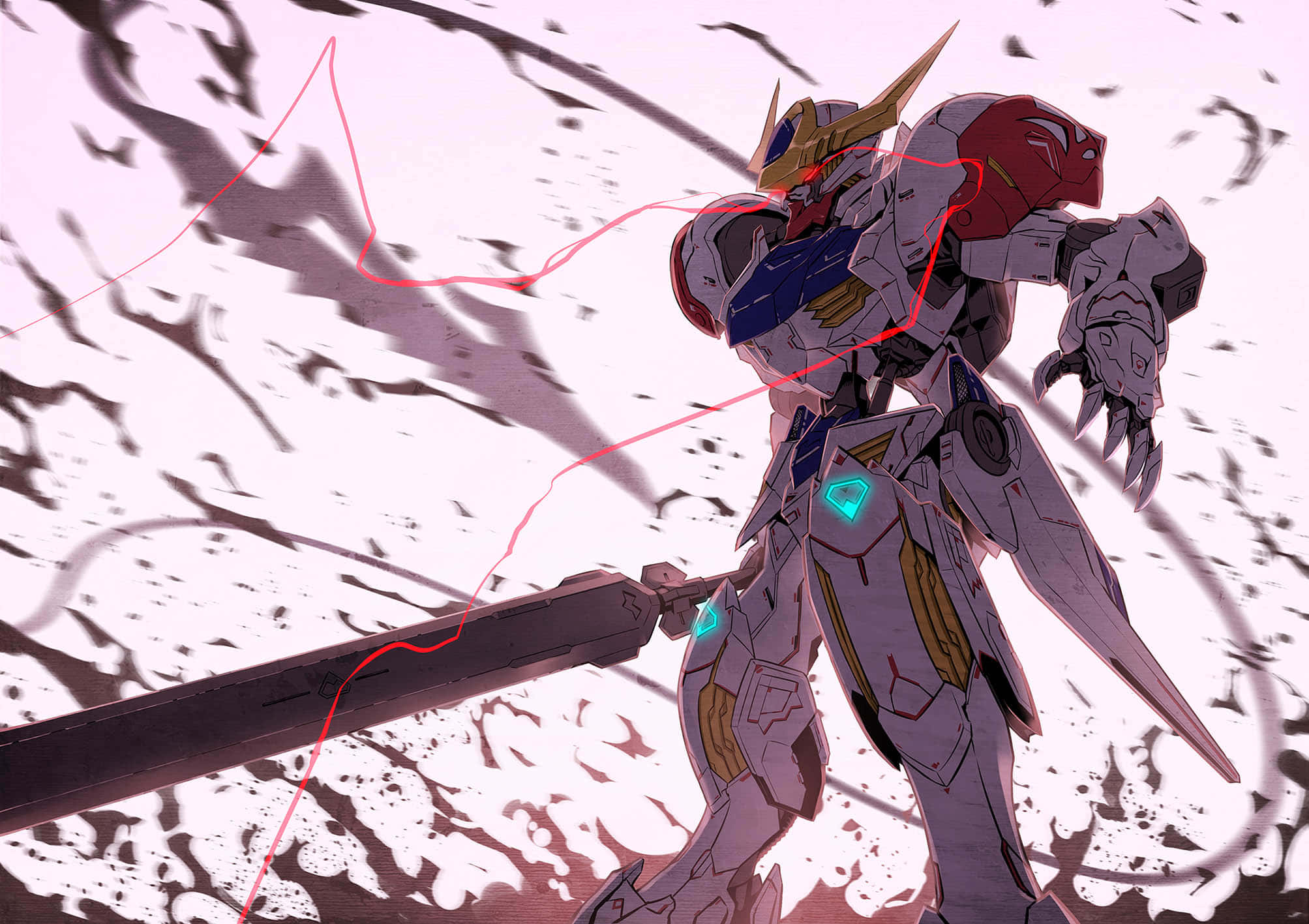 Mobile Suit Gundam Iron-blooded Orphans 桌布 壁紙 — 一架白色、紅色和金色的機甲在粉紅色天空下，於破碎的戰場上手持發光劍蓄勢待發。