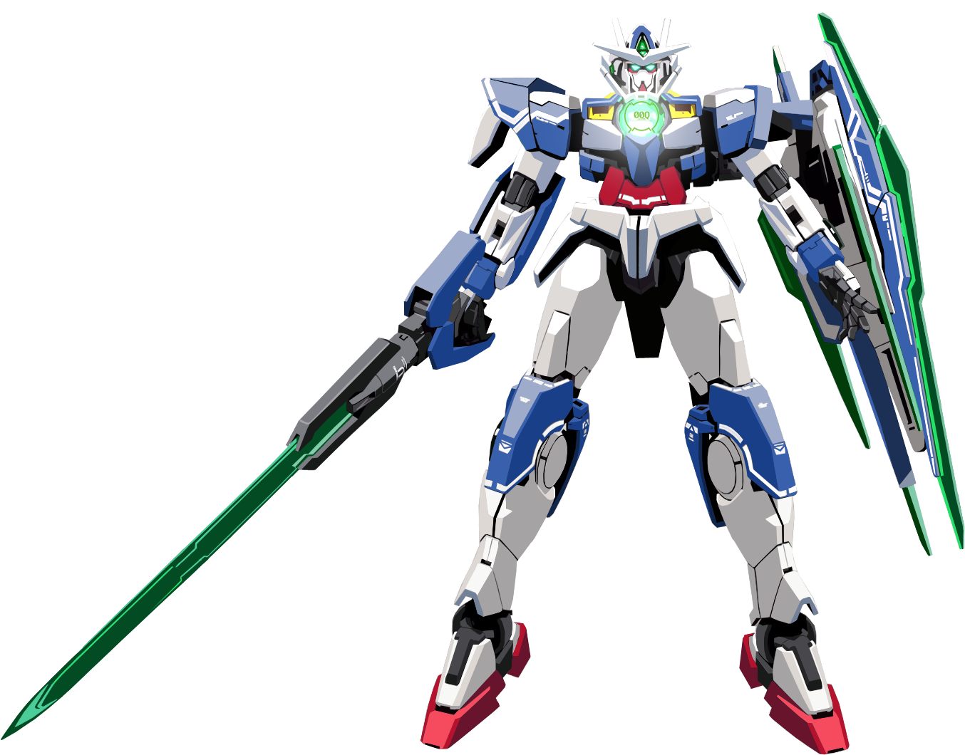 機動戰士鋼彈 桌布 壁紙 — 一架白色、藍色和紅色的機動戰士，在黑色背景前手持發光綠色劍和盾牌，擺出架勢。