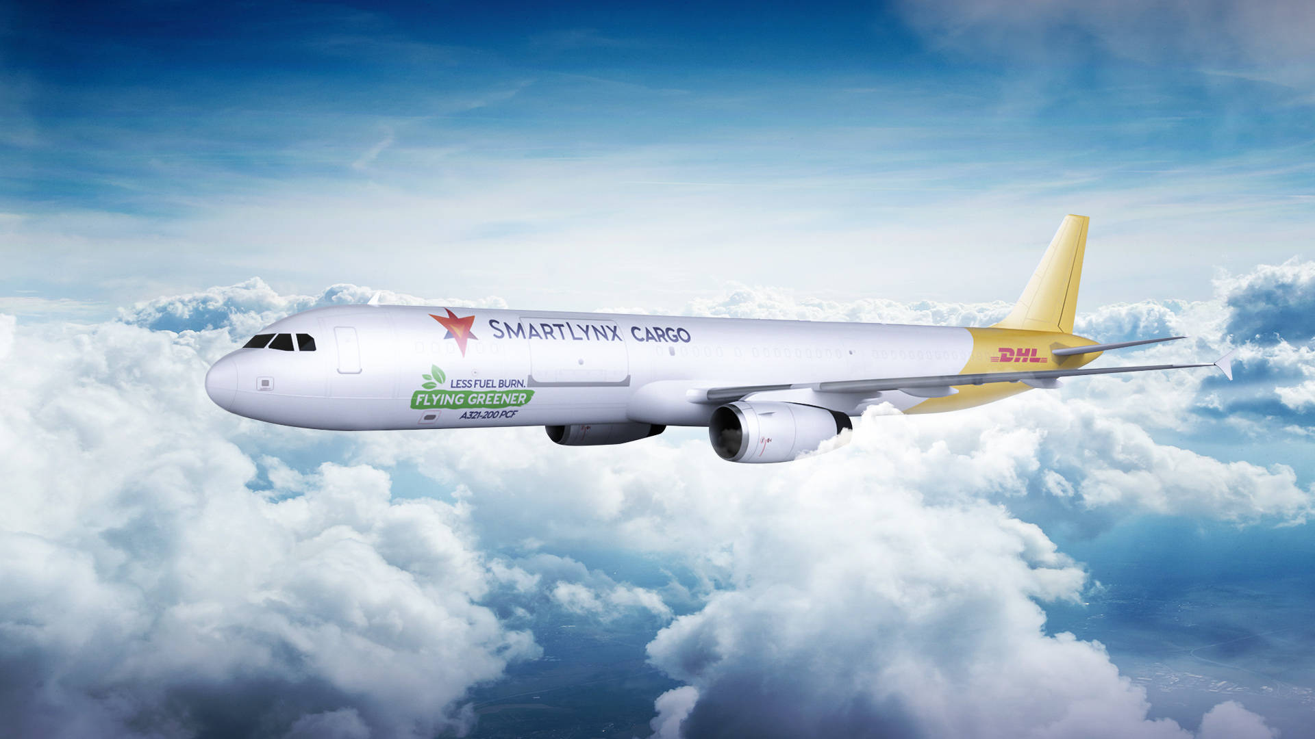 Dhl 桌布 壁紙 — 一架白色DHL SmartLynx Cargo飛機在明亮的藍天下翱翔於蓬鬆的白雲之上。