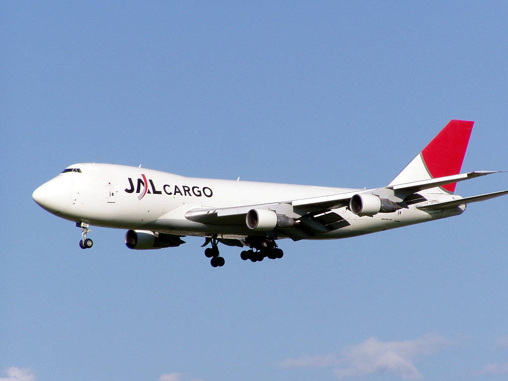  壁紙 — 一架白色JAL Cargo波音747貨機，紅色尾翼，放下起落架，在晴朗的藍天低飛。