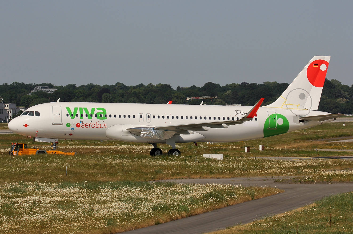 Grass 桌布 壁紙 — 一架白色Viva Aerobus飛機帶有綠色和紅色品牌標誌，停放在長滿野花和樹木的草地機場停機坪上，天空朦朧。
