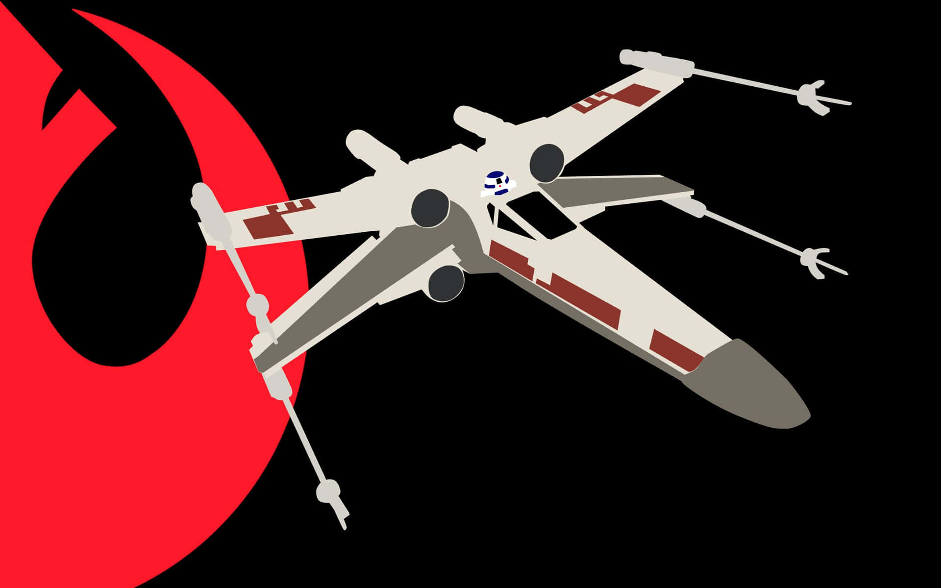 X-wing Fighter 桌布 壁紙 — 一架白色和紅色的X-wing戰鬥機在鮮明的黑色背景上動態飛行，背景中有一個大膽的紅色新月。