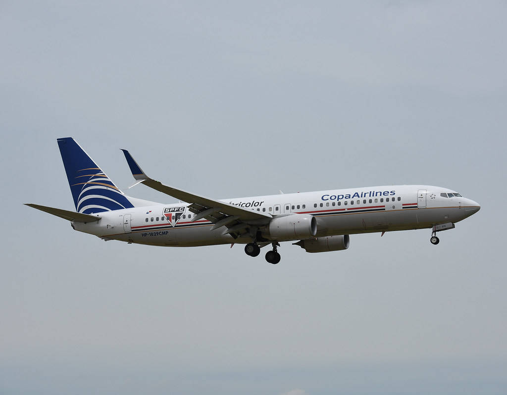Plane 桌布 壁紙 — 一架白色和藍色塗裝的巴拿馬航空波音737在降落時優雅地傾斜，背景是蒼白的多雲天空。