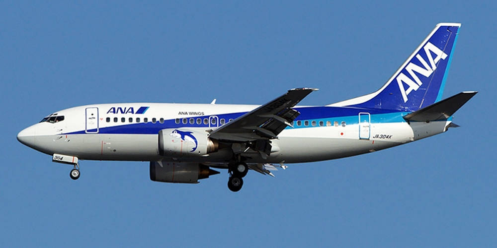 壁紙 — 一架白色和藍色的ANA Wings波音737飛機，起落架放下，在晴朗的藍天中飛行。