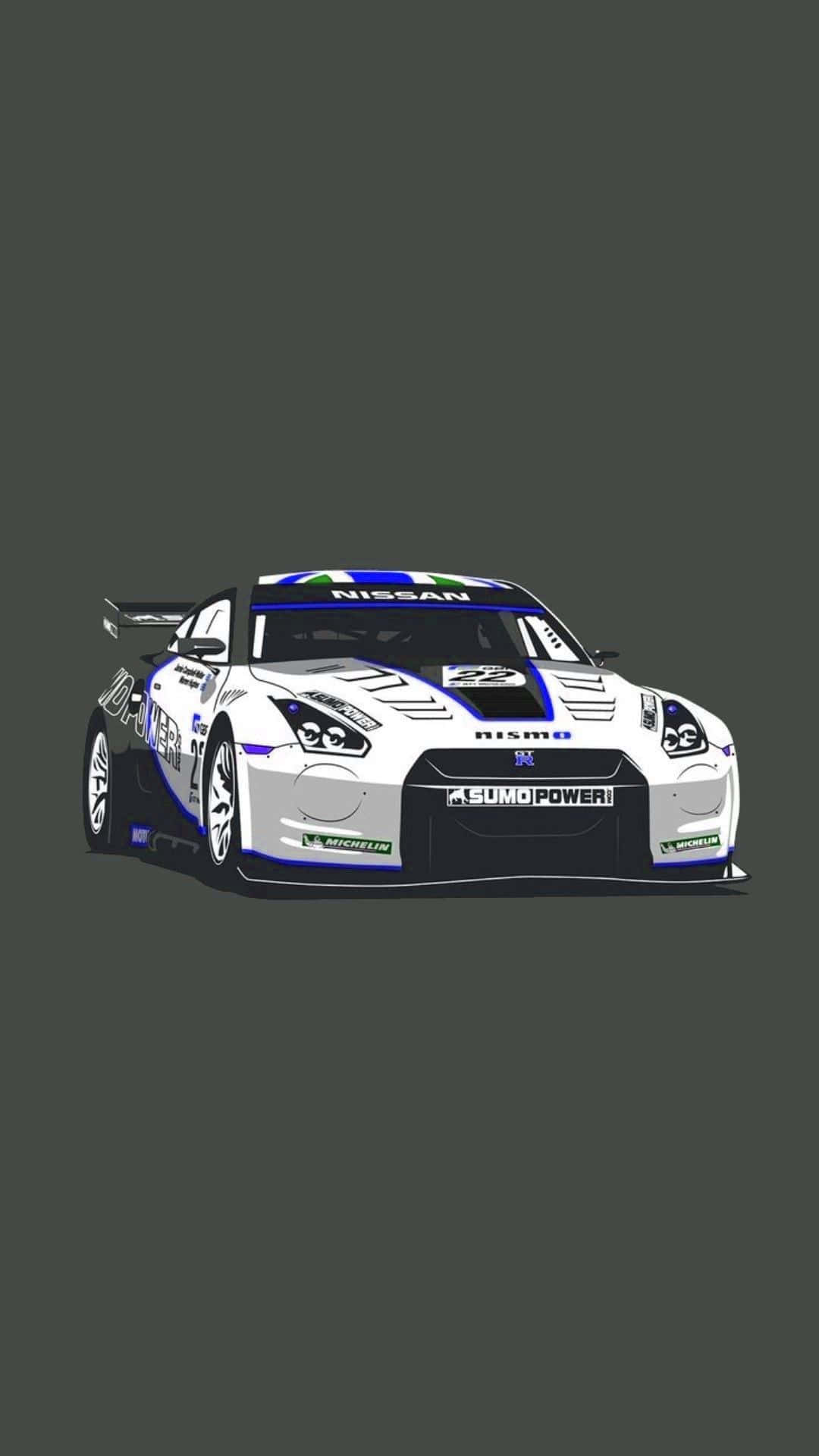 JDM iPhone 桌布 壁紙 — 一架白色和藍色的日產GT-R賽車，帶有「Sumo Power」塗裝，在純深灰色背景前蓄勢待發。