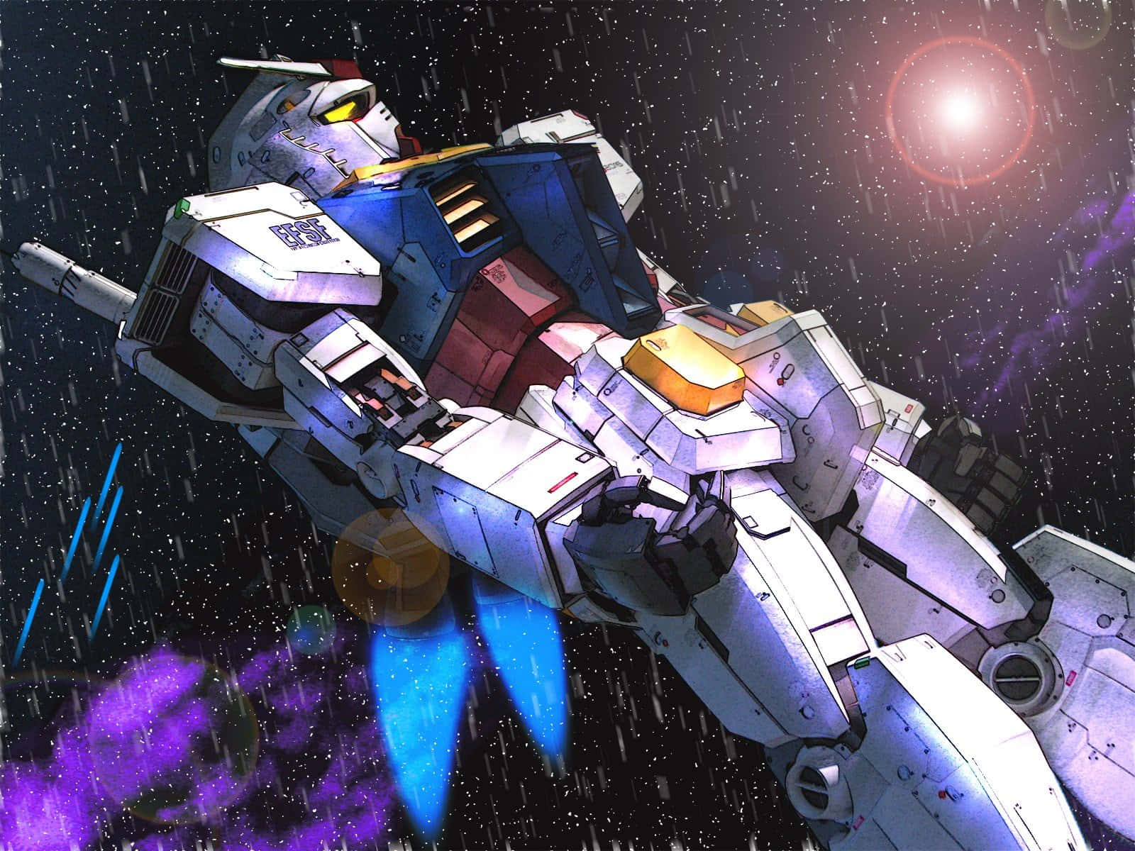  壁紙 — 一架白色和藍色的鋼彈機甲在星光閃爍的宇宙風暴中滑翔，帶有發光的藍色推進器和紫色星雲。