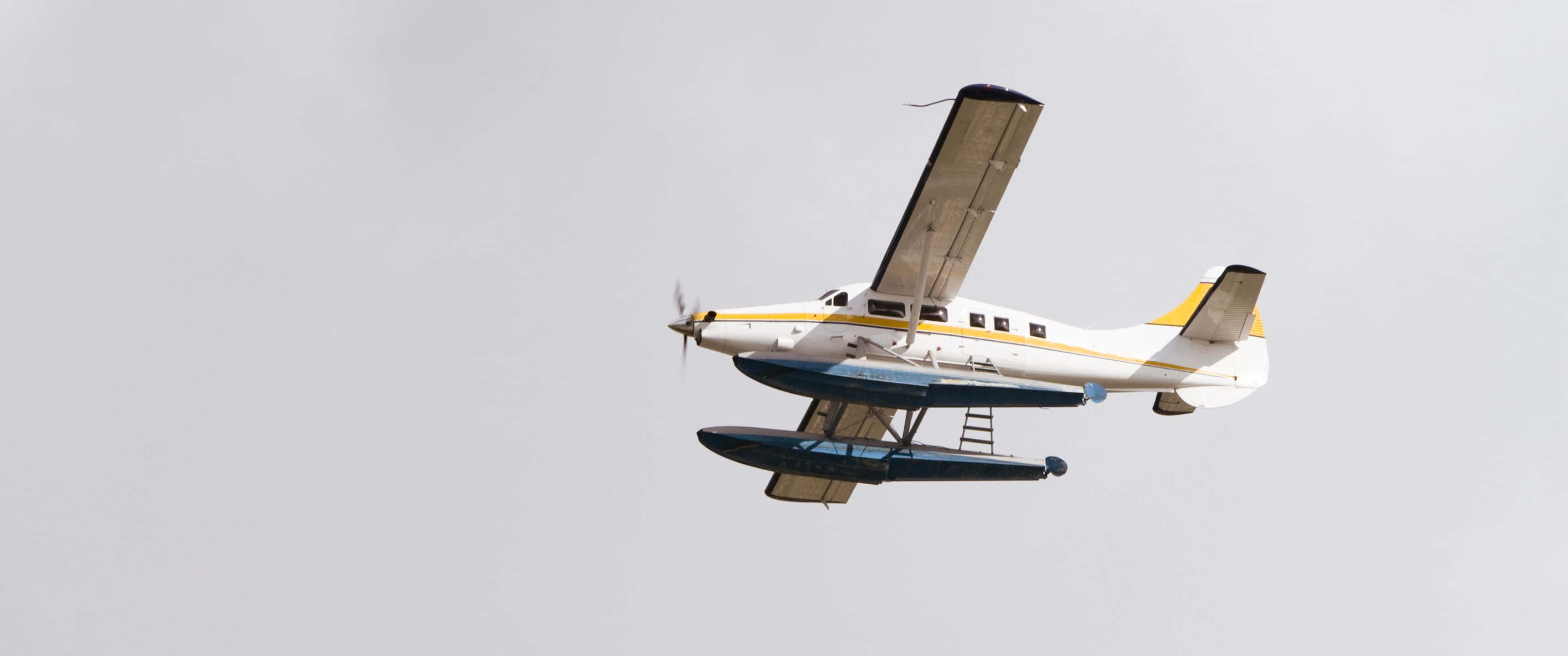 3440x1440p Small Planes 桌布 壁紙 — 一架白色和黃色的水上飛機帶著藍色浮筒，在蒼白的陰天中翱翔。