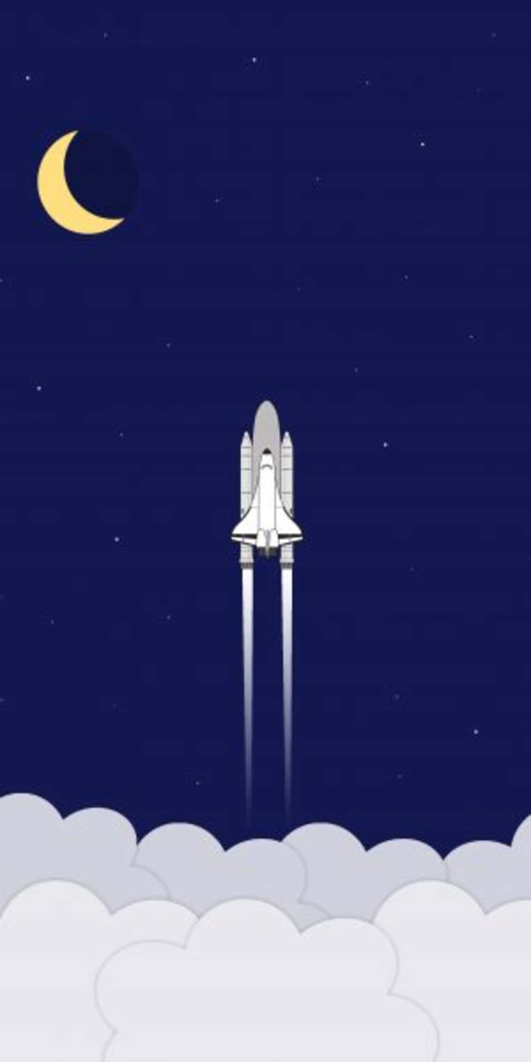 Pixel 3 Minimal 桌布 壁紙 — 一架白色太空梭在彎月下穿過雲層，在繁星點點的夜空中上升。