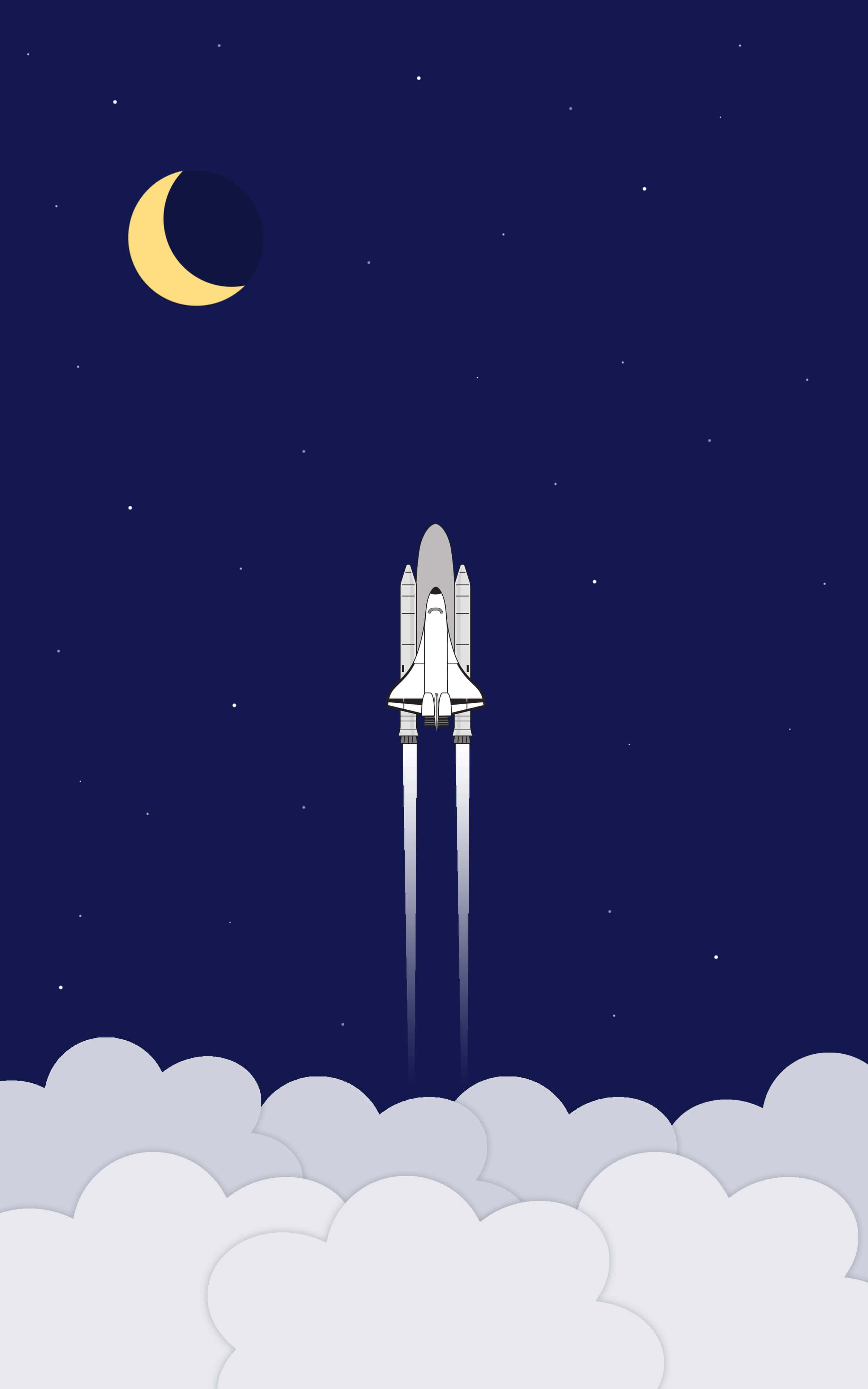 太空電話 桌布 壁紙 — 一架白色太空梭在彎月下穿過雲層，背景是繁星點點的夜空。