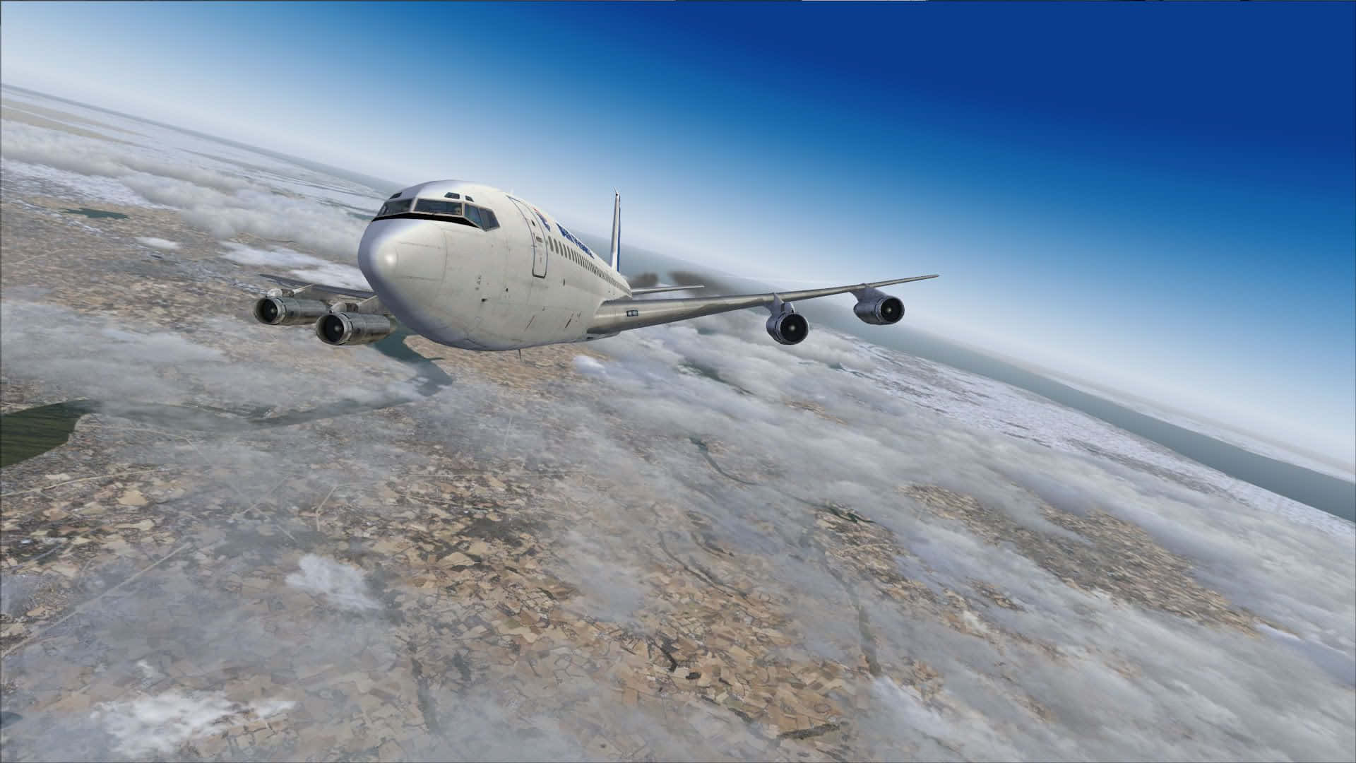 1920x1080 Microsoft Flight Simulator 桌布 壁紙 — 一架白色客機在晴朗藍天下翱翔於沙漠景觀和零星雲層之上。