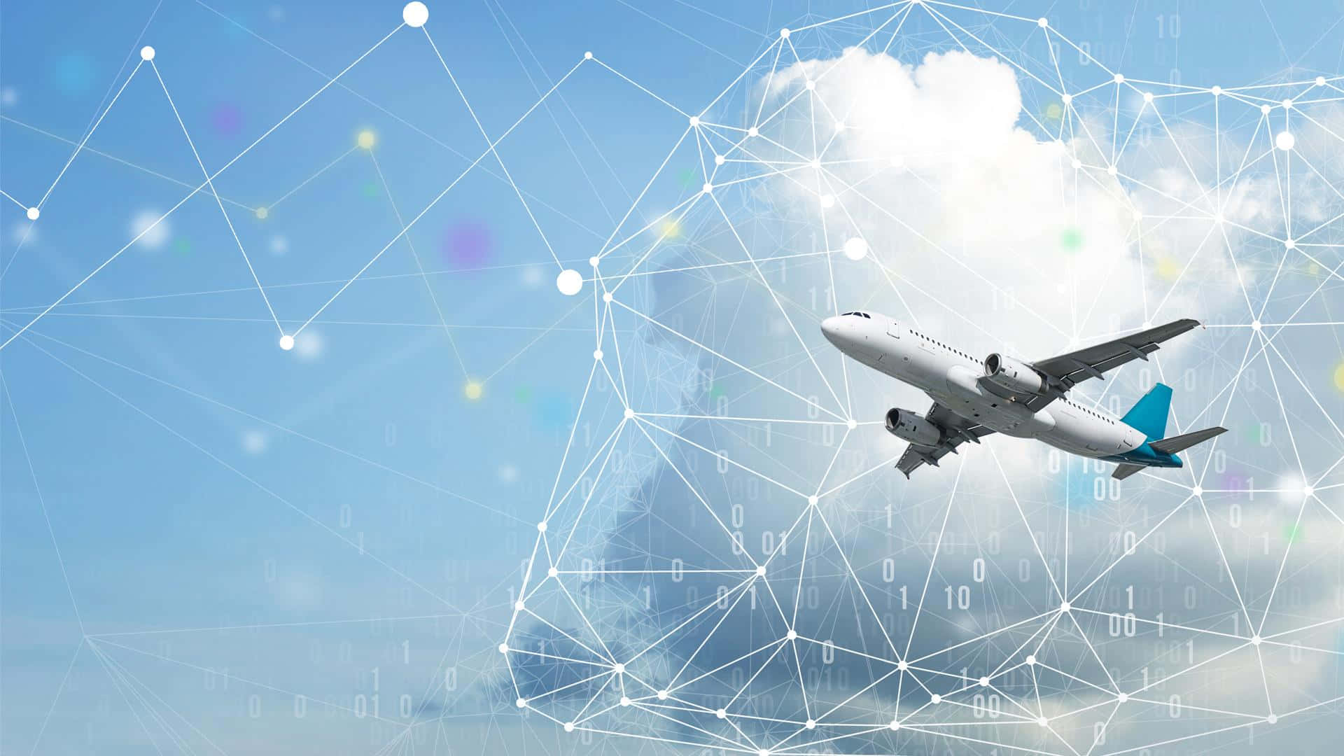 Aviation 桌布 壁紙 — 一架白色客機在藍天中翱翔，天空上覆蓋著發光的數位網路線條和二進位代碼。