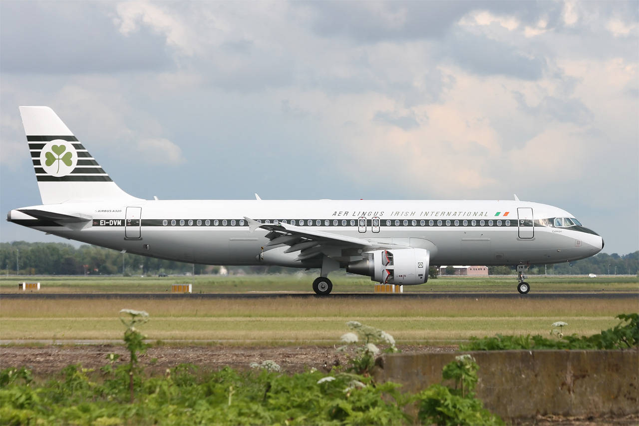 飛機 桌布 壁紙 — 一架白色愛爾蘭航空空中巴士A320，帶有綠色三葉草塗裝，在陰天、草地前景的跑道上滑行。