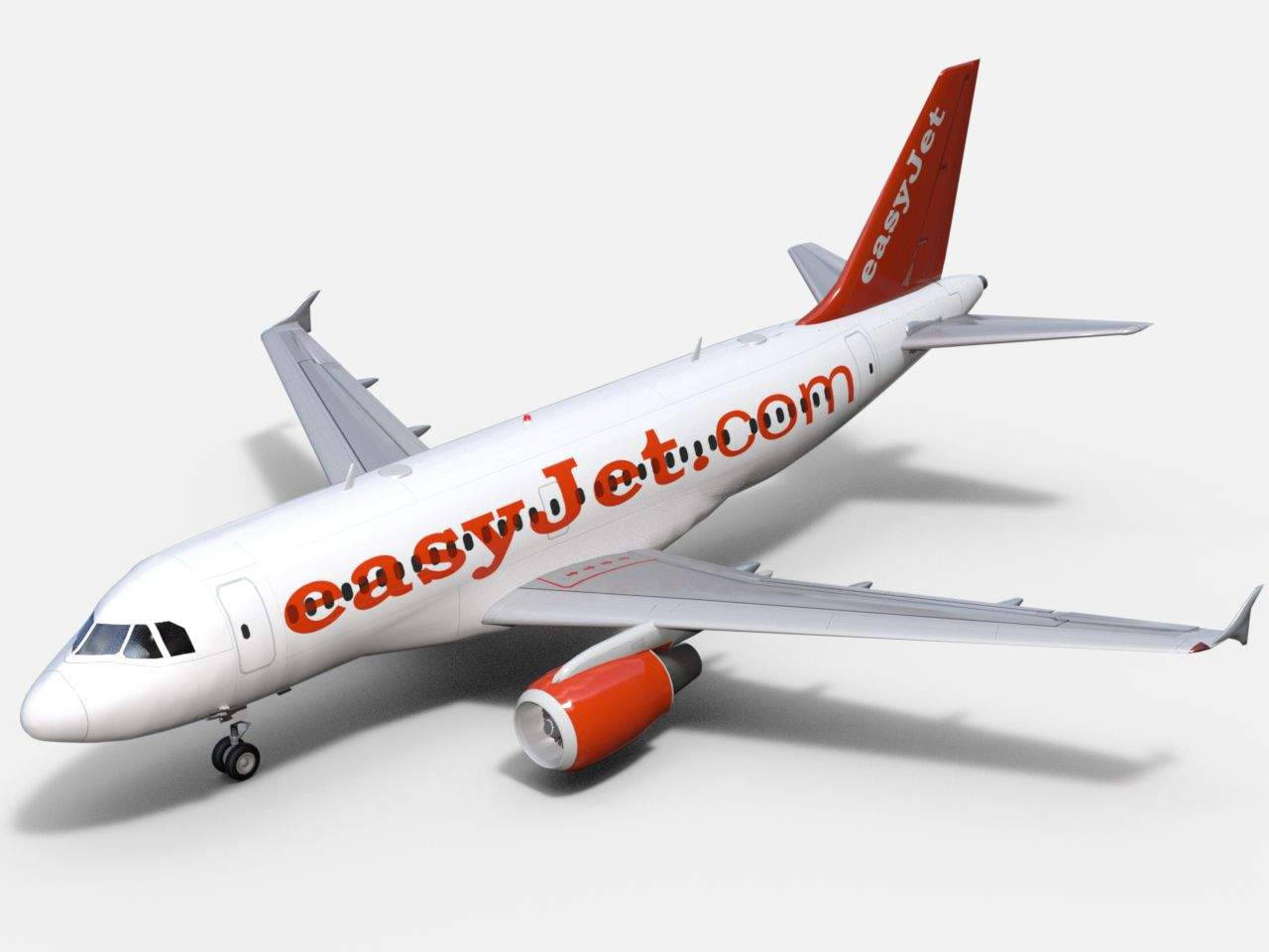 飛機 桌布 壁紙 — 一架白色易捷航空空中巴士A320，帶有橙色品牌標誌和引擎，傾斜地置於純白色背景前。