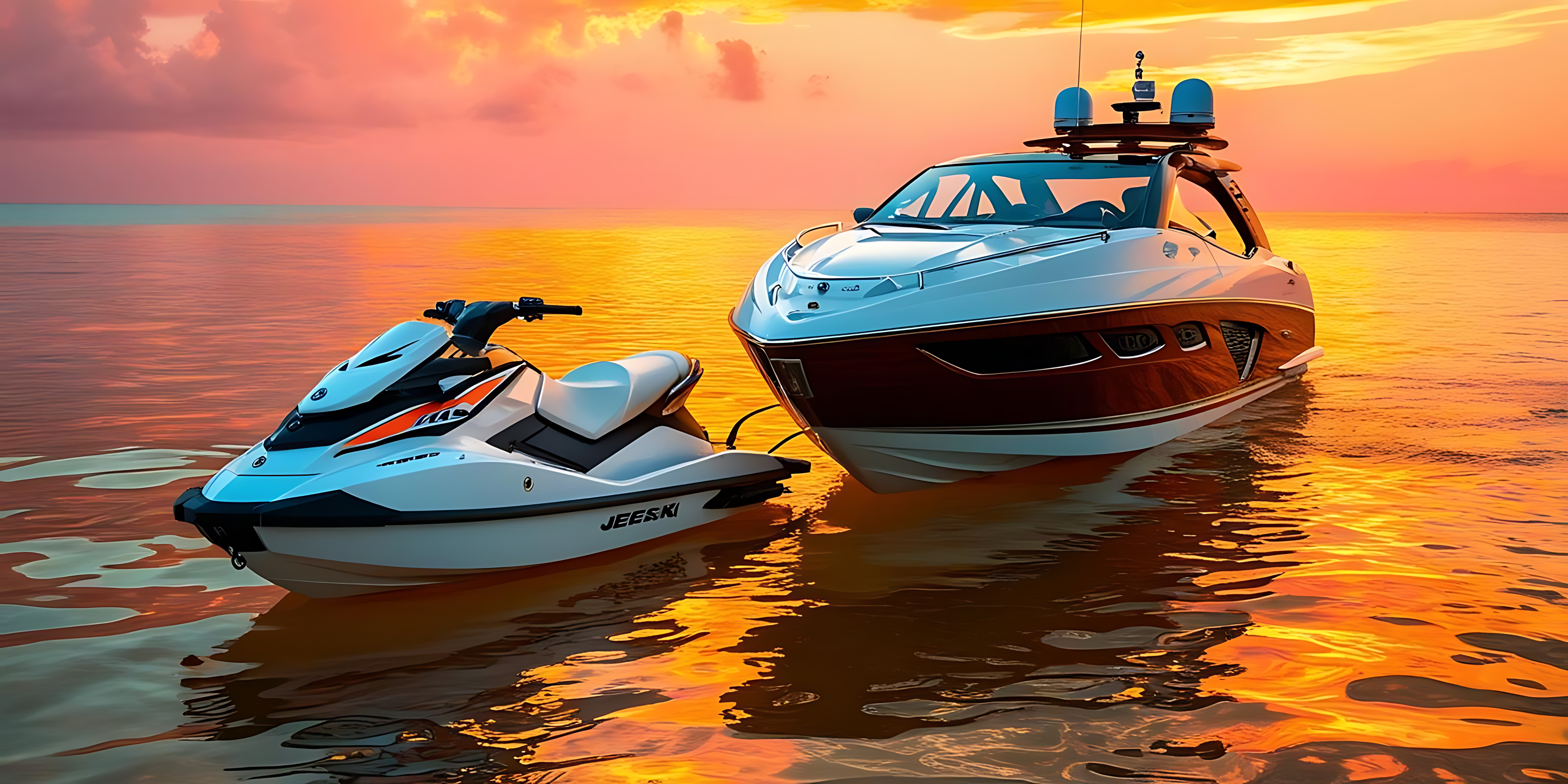 Speed Boat 桌布 壁紙 — 一架白色水上摩托車和豪華遊艇在火熱的橙粉紅色日落天空下，平靜地漂浮在平靜的水面上。