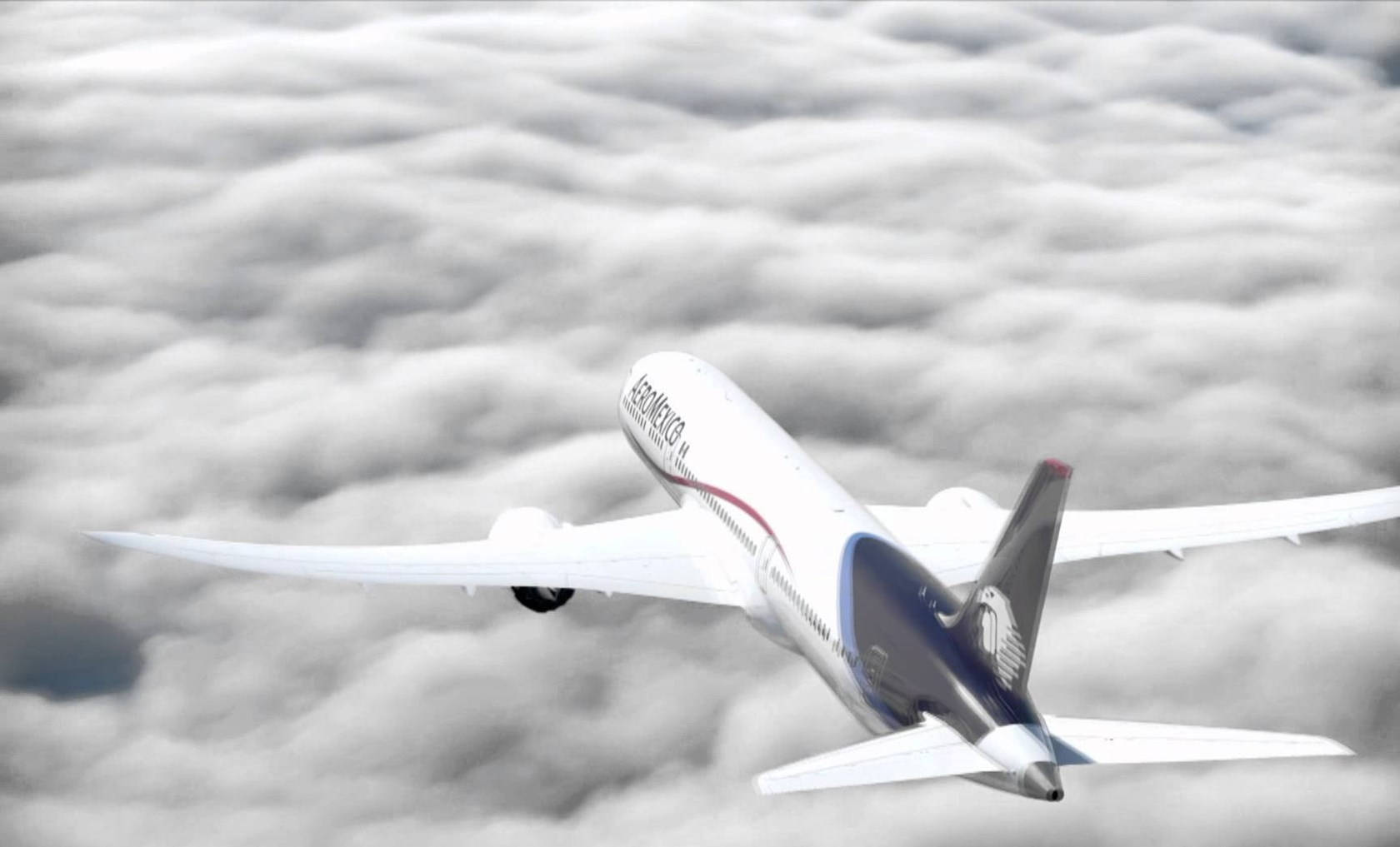 Plane 桌布 壁紙 — 一架白色的 Aeromexico 飛機在明亮的日光下翱翔於廣闊的蓬鬆白雲之上。