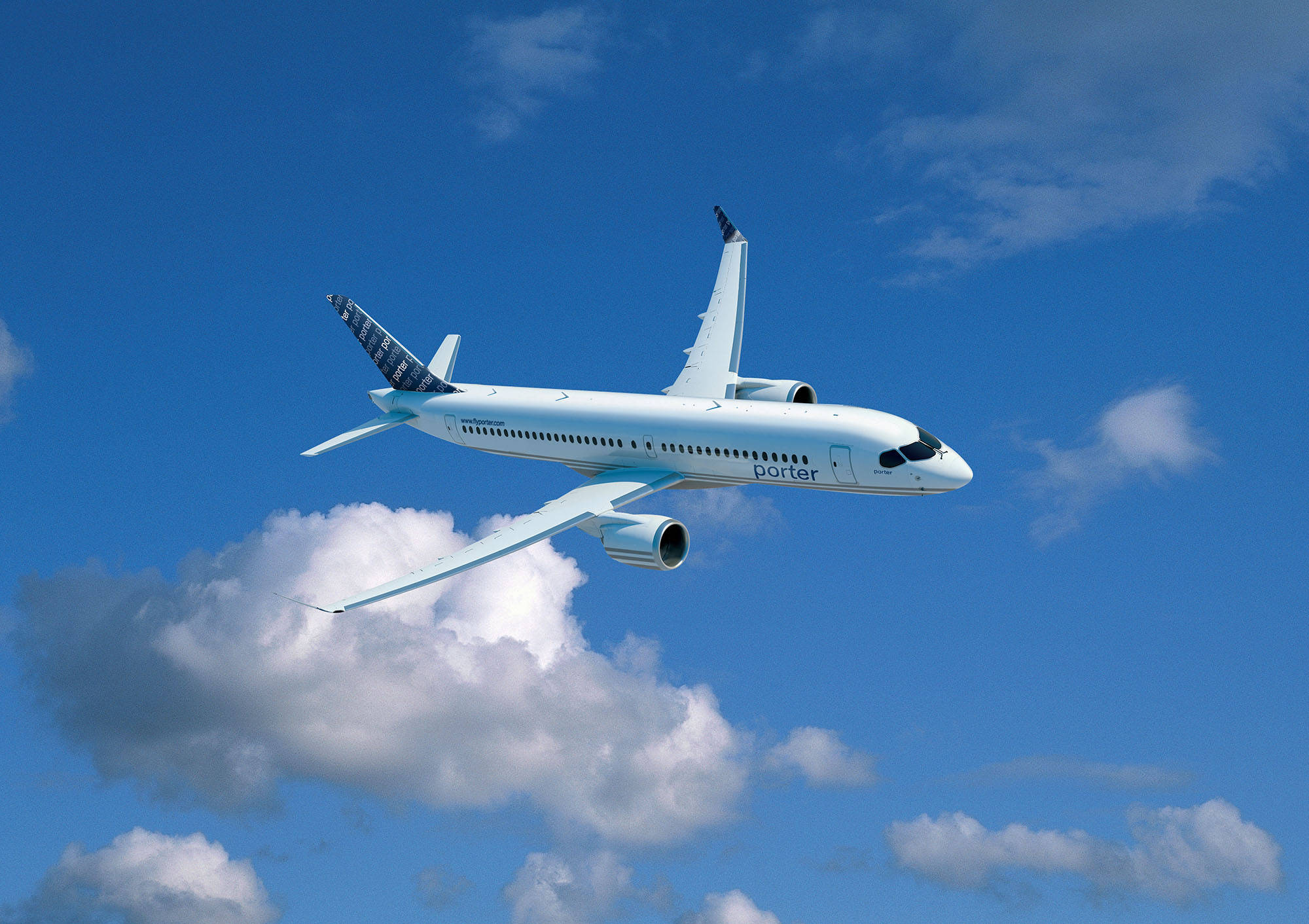 飛機 桌布 壁紙 — 一架白色的 Porter Airlines 噴射機優雅地翱翔在點綴著蓬鬆白色雲朵的鮮豔藍天中。