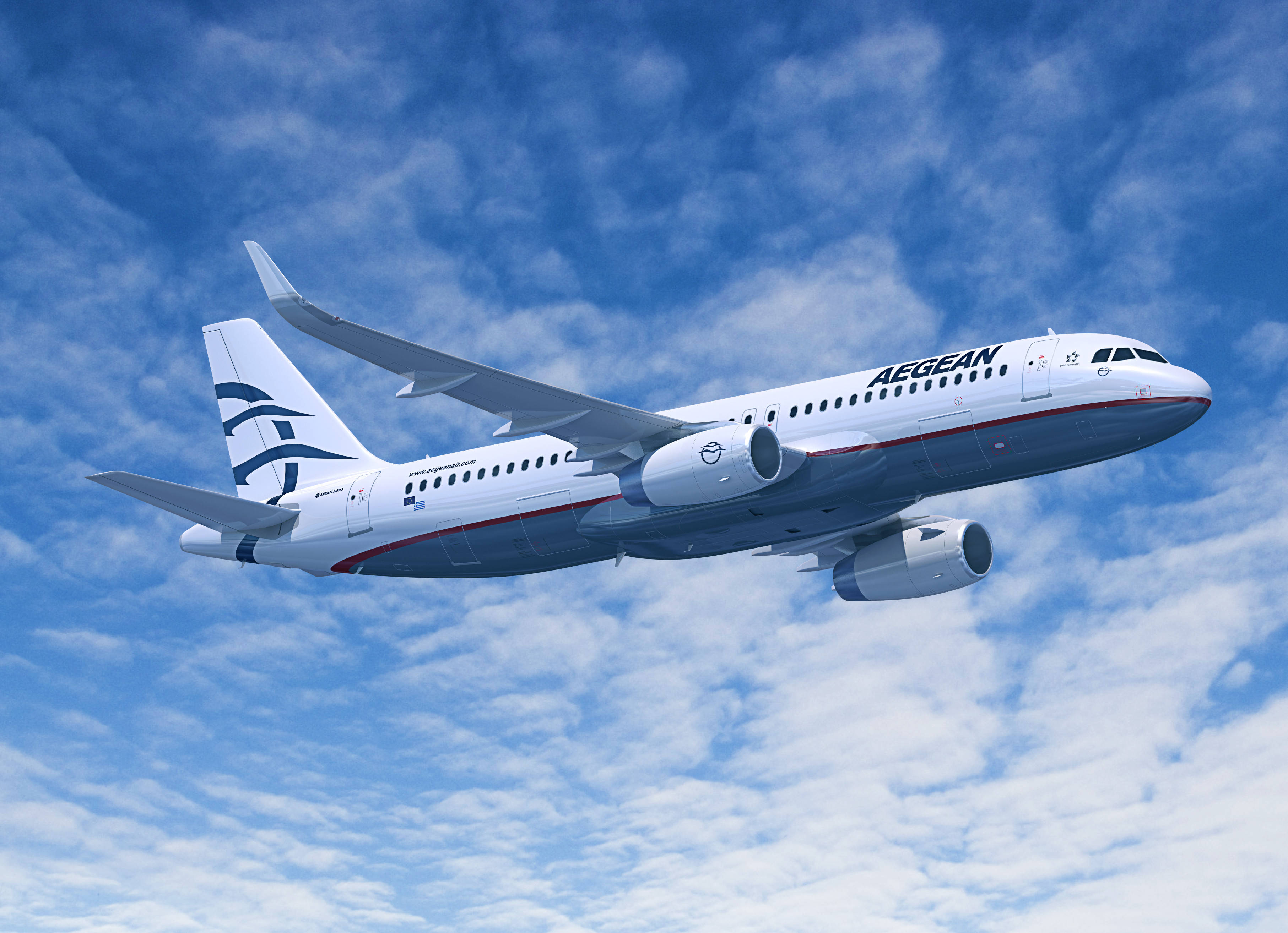 Plane 桌布 壁紙 — 一架白色的愛琴海航空空中巴士A320在佈滿蓬鬆白雲的鮮豔藍天中優雅翱翔。